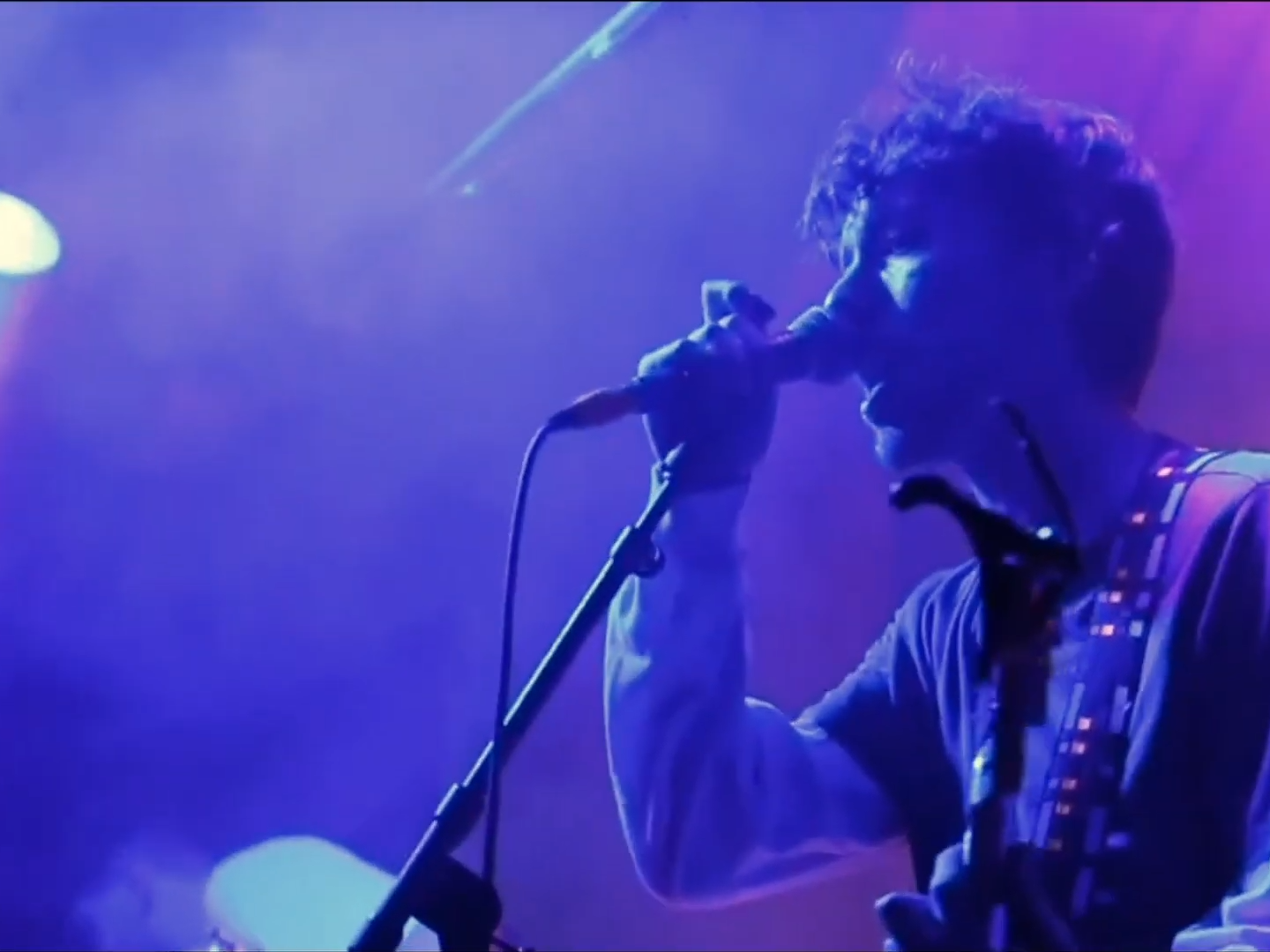 Musician singing into microphone during a performance, with purple stage lighting creating a vibrant atmosphere.