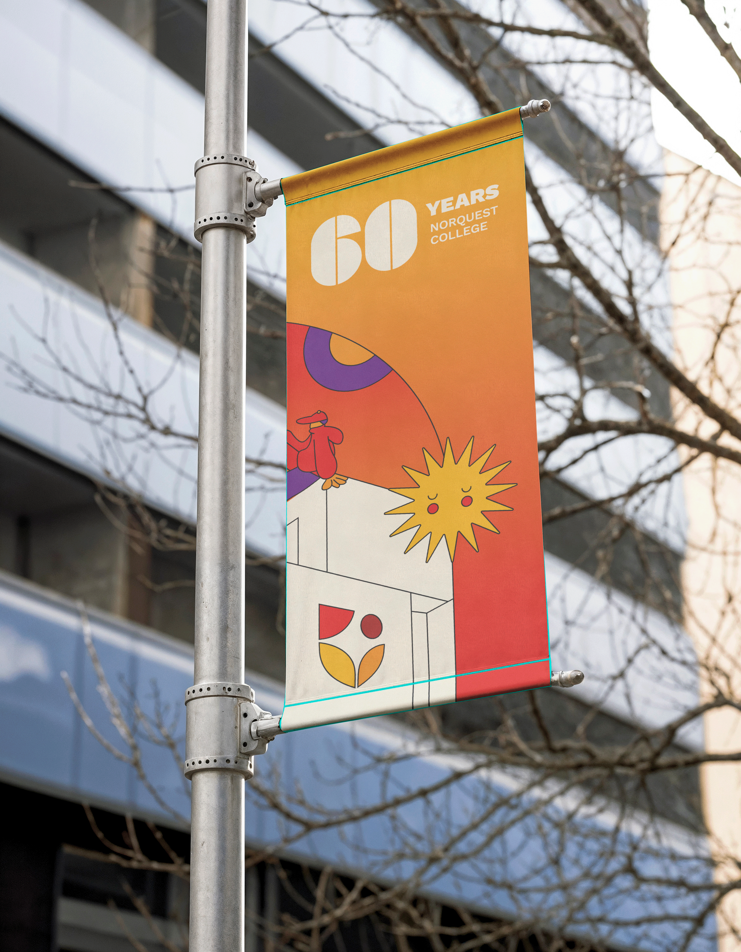 Colorful banner celebrating 60 years of Norquest College with abstract illustrations and a smiling sun.
