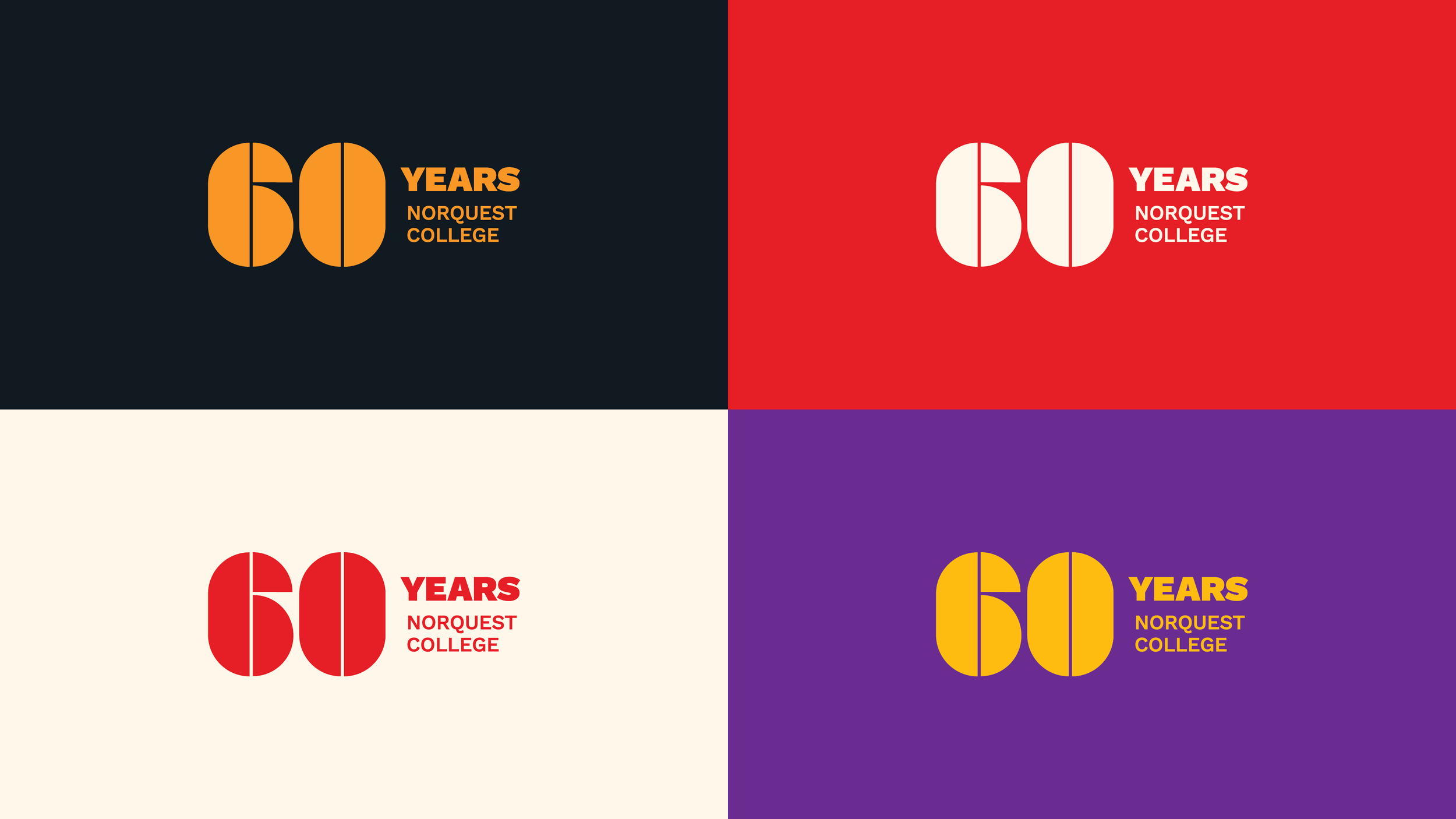 Four colorful graphic designs celebrating 60 years of Norquest College, each with a different background color and text style.