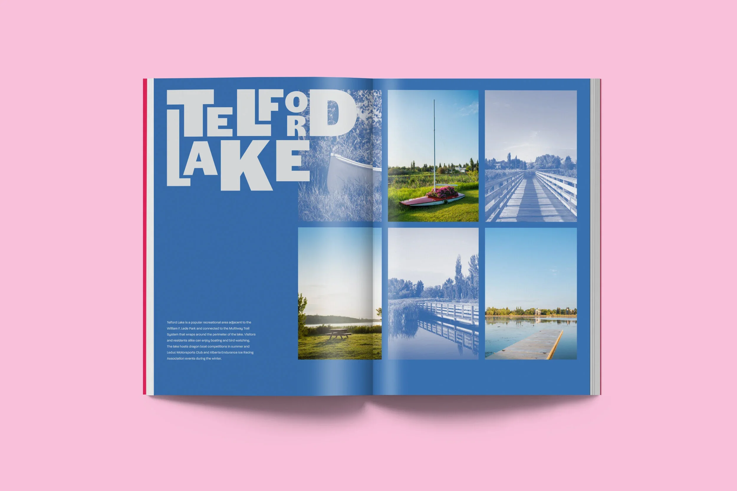 An open magazine showing images of Telford Lake in a recreational area, with blue backgrounds and large block text reading "TELFORD LAKE"; includes photos of a boat, a pier, trees, water, and park scenery.