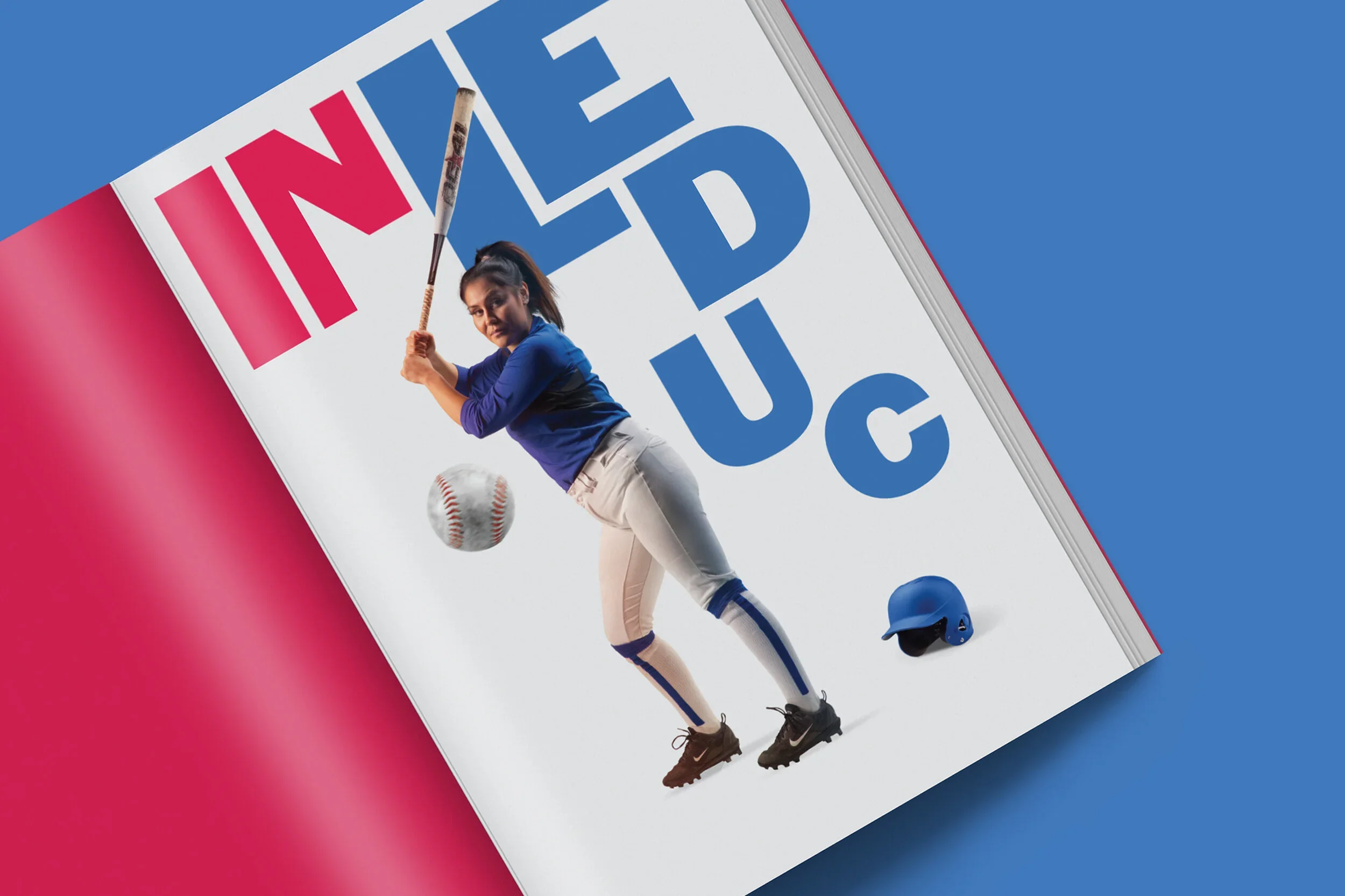 Photo of a woman holding a baseball bat with a baseball flying towards her, dressed in baseball gear including a blue helmet nearby, with large colorful text in the background.