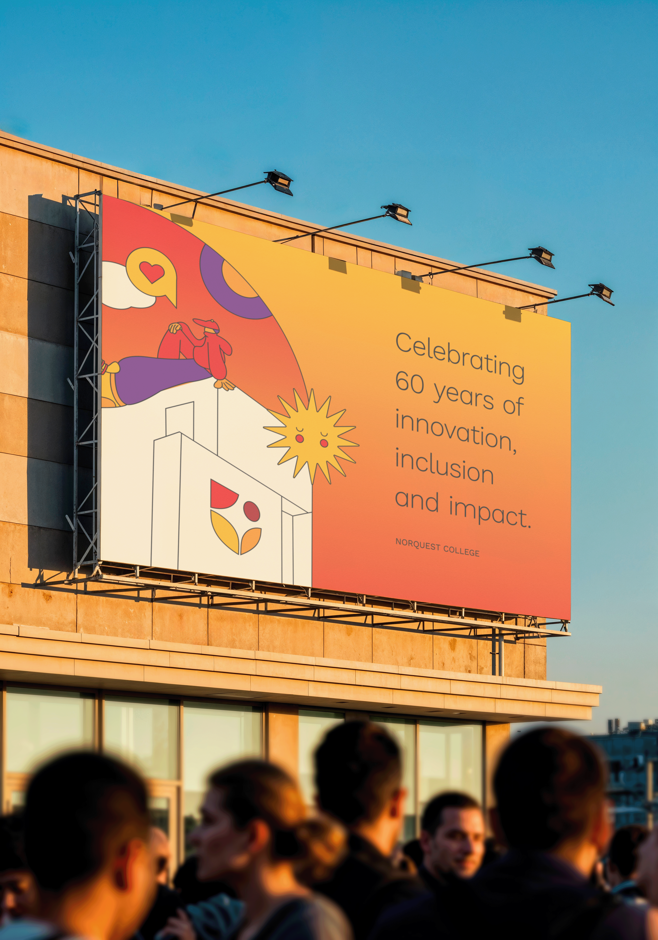 Billboard celebrating 60 years of innovation, inclusion, and impact at Norquest College with colorful illustrations and a crowd of people in front.