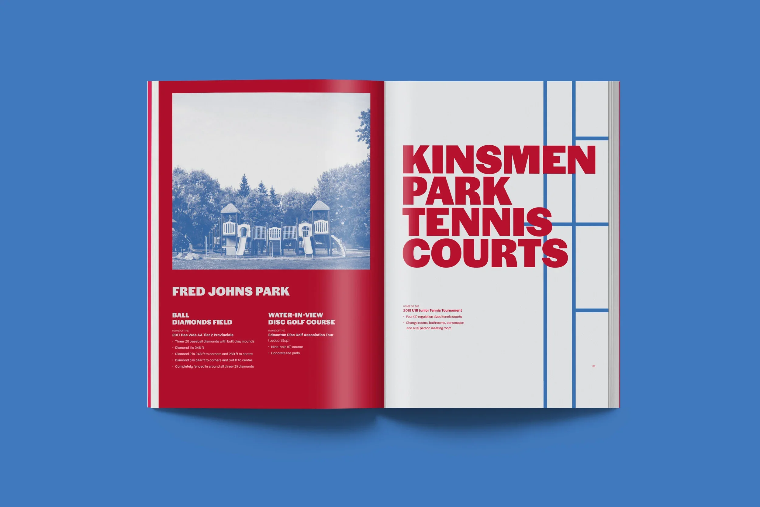 Open magazine showing a page with a photo of a playground and text about Fred Johns Park, diamond field, water-in-view disc golf course, and tennis courts.