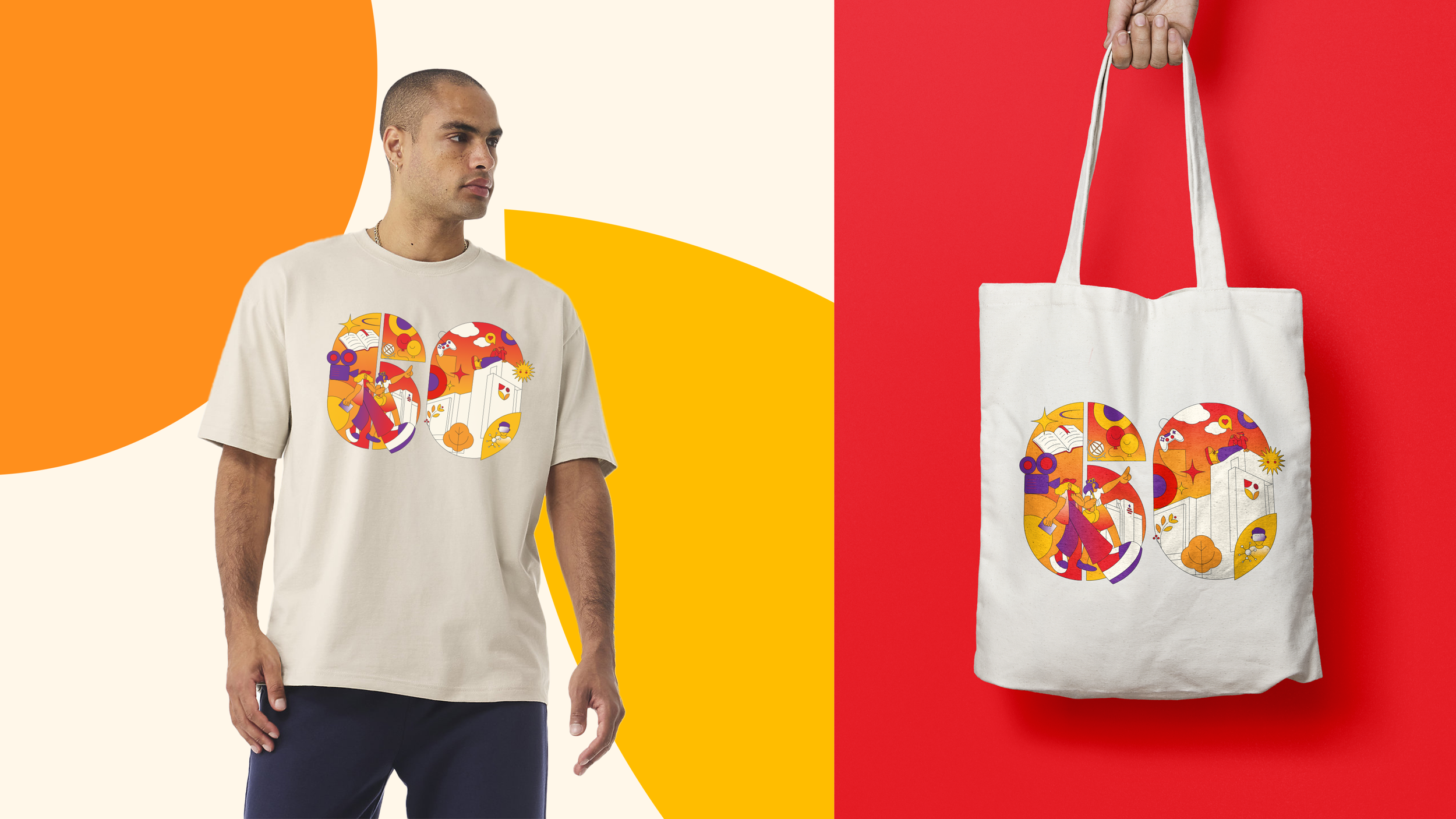 A man wearing a beige t-shirt with a colorful graphic design of the number 90. He is holding a white tote bag with the same graphic design. The background is divided into orange, beige, yellow, and red sections.