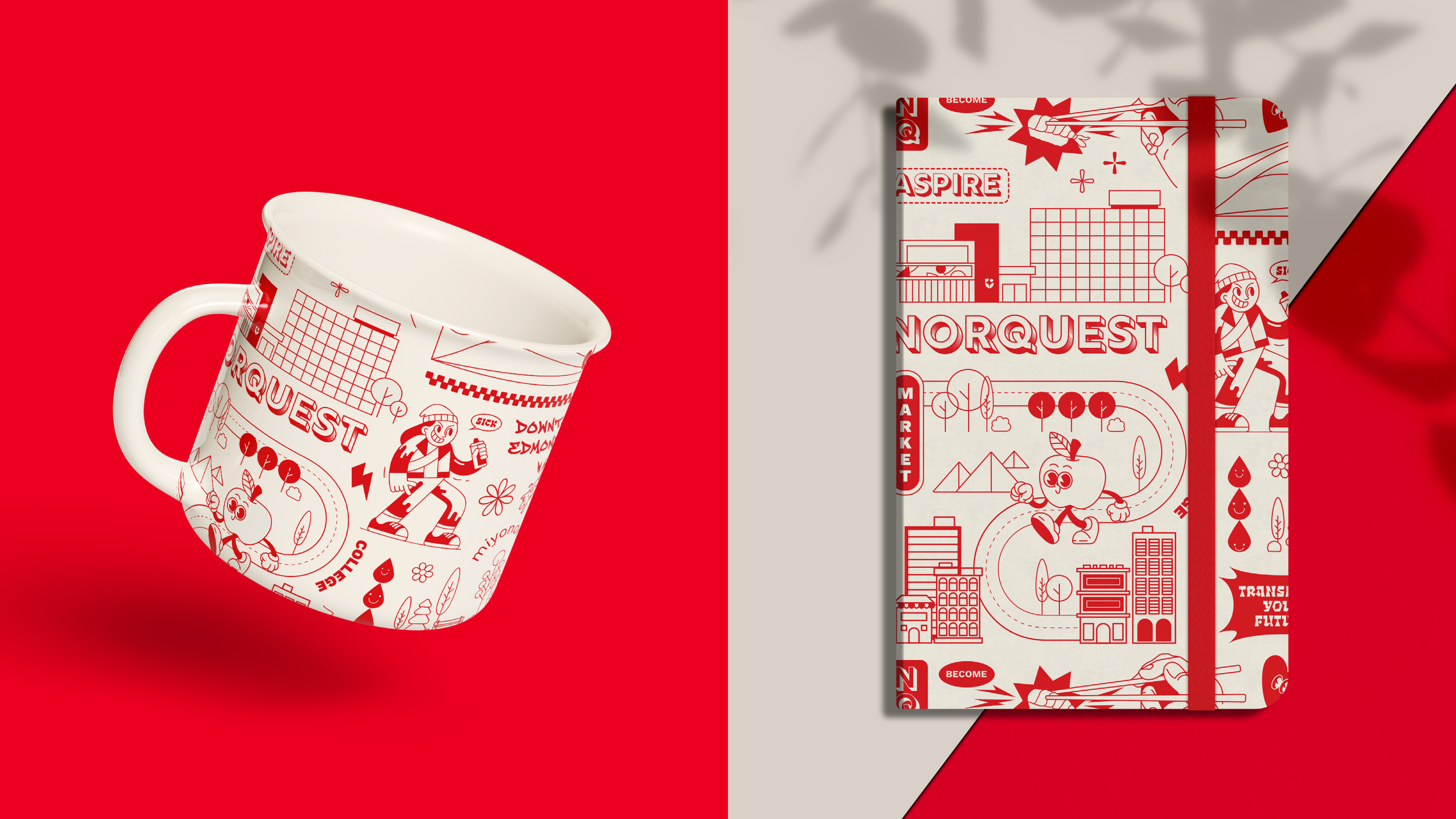 White mug and notebook with red and white Norquest-themed illustrations on red and beige backgrounds.