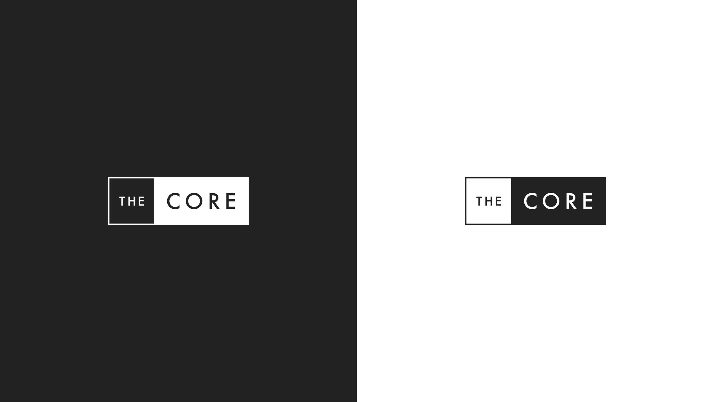 Comparison of two logo designs with the text 'The Core' in black and white, one on a dark background and one on a white background.
