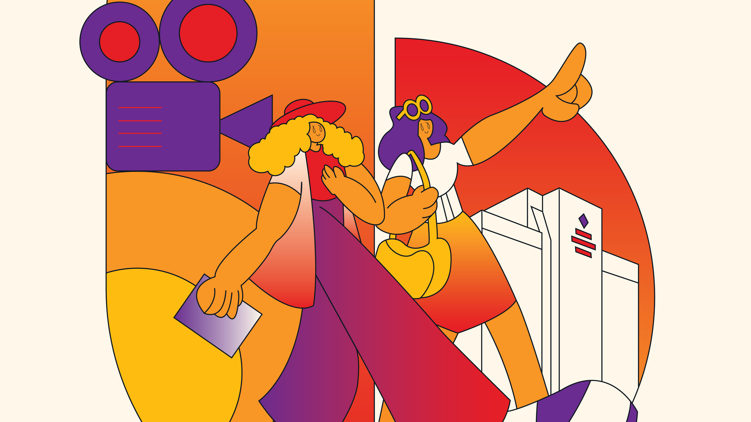 Illustration of two women at a beach, one with a hat and the other with sunglasses, holding beach bags, with a large skyscraper and a film camera in the background.