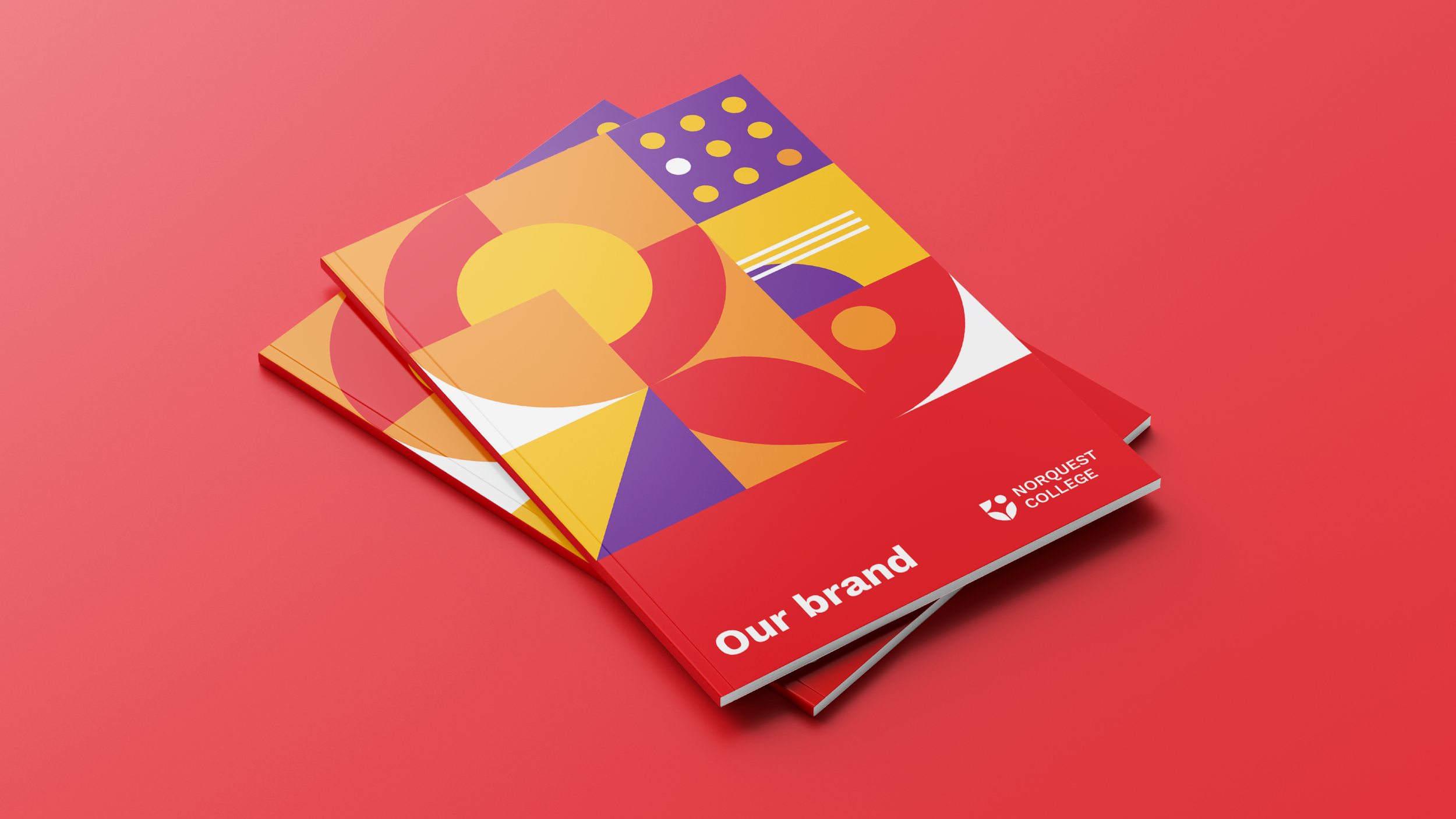 Two brochures with colorful abstract geometric designs on a red background, featuring shapes like circles and rectangles, with the text "Our brand" and the Norquest College logo.
