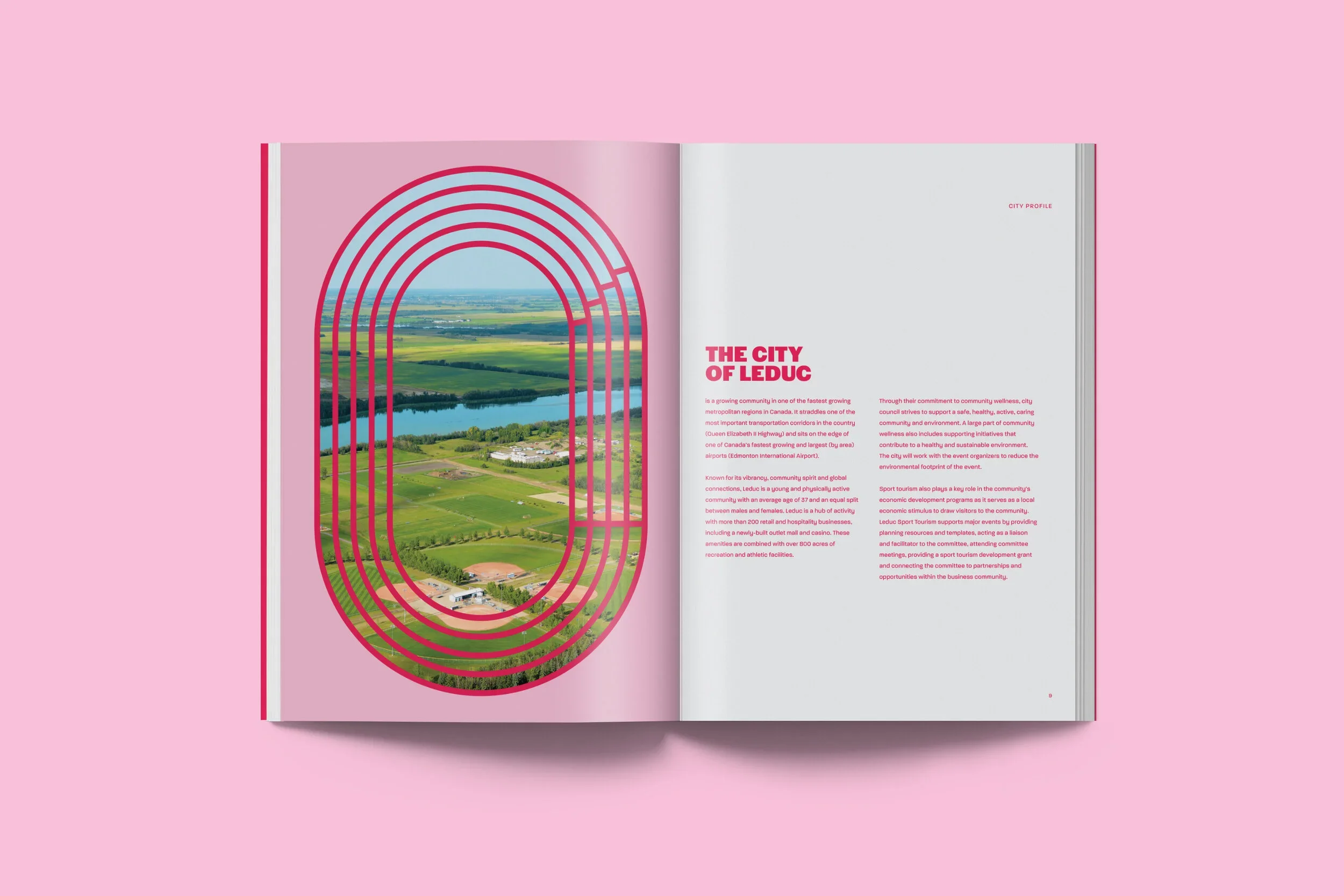Open magazine displaying a vibrant base map of Leduc with an artistic pink overlay and the title 'The City of Leduc,' accompanied by descriptive text about the city's community, sustainability, and development programs on a pastel pink background.