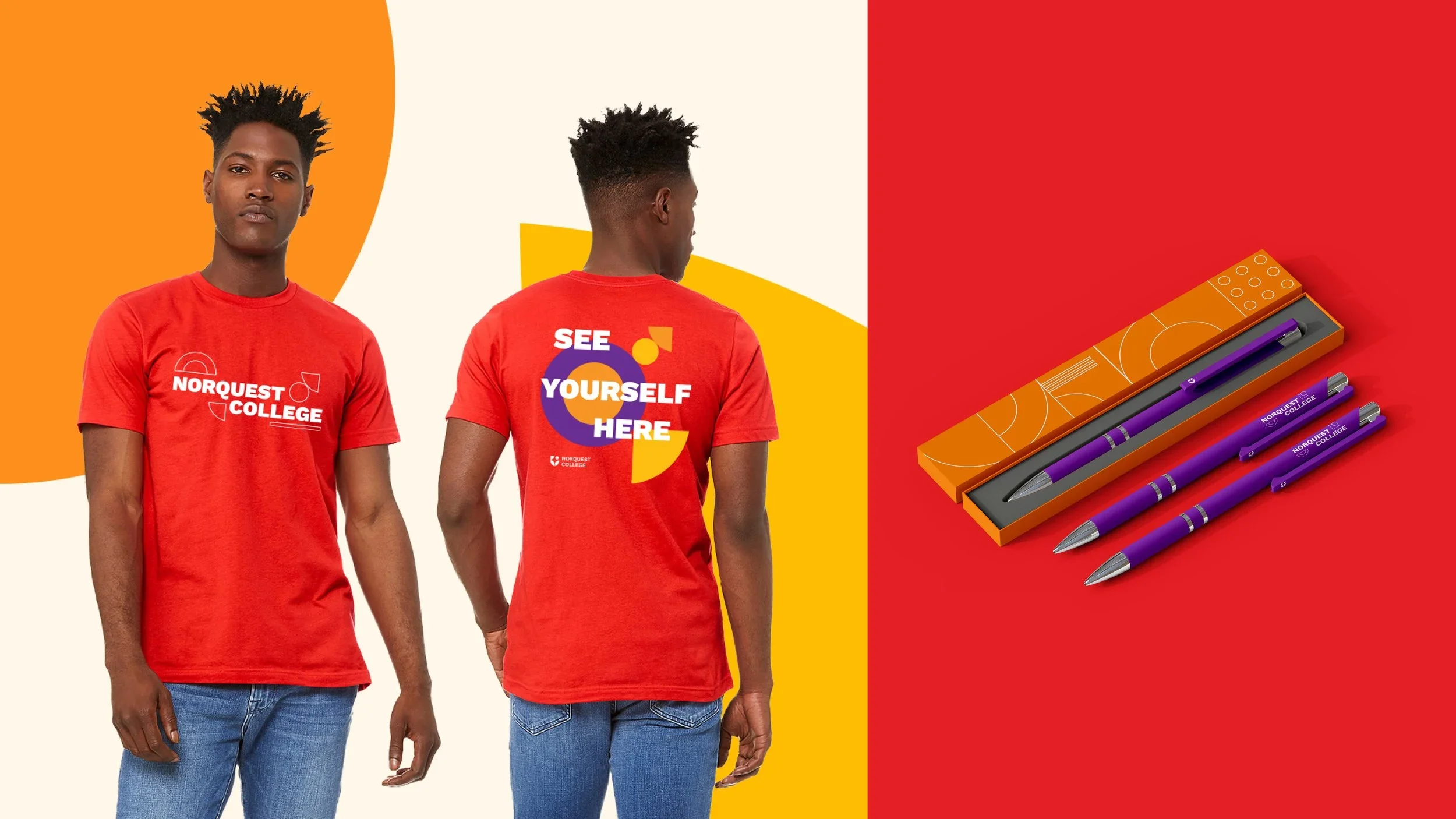 Two male models wearing red T-shirts with college branding, one facing forward and the other showing the back with colorful text, and a set of branded purple pens and a pen case on a red background.