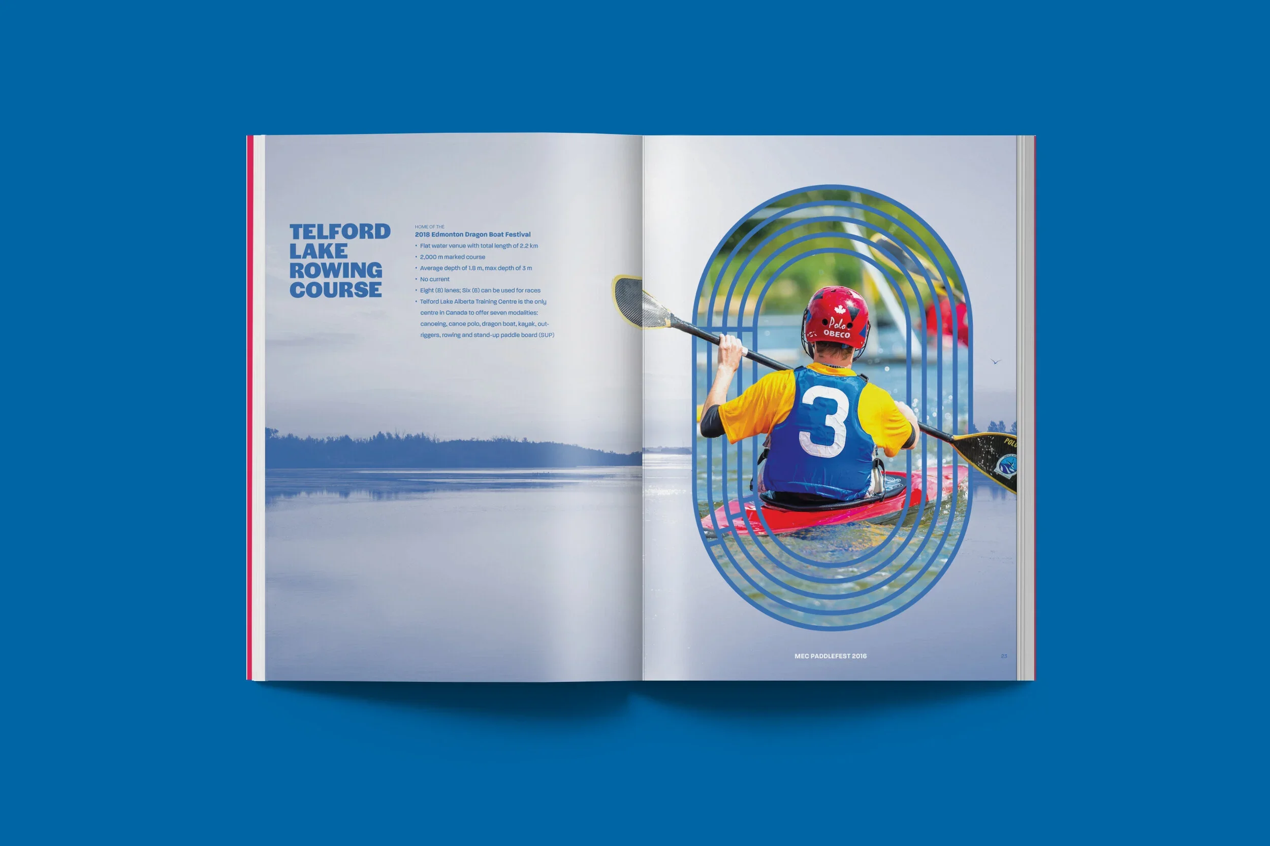Open magazine spread showing a page about Telford Lake Rowing Course, with a photo of a kayaker in a yellow and blue shirt and red helmet paddling on water, superimposed with concentric oval graphics.