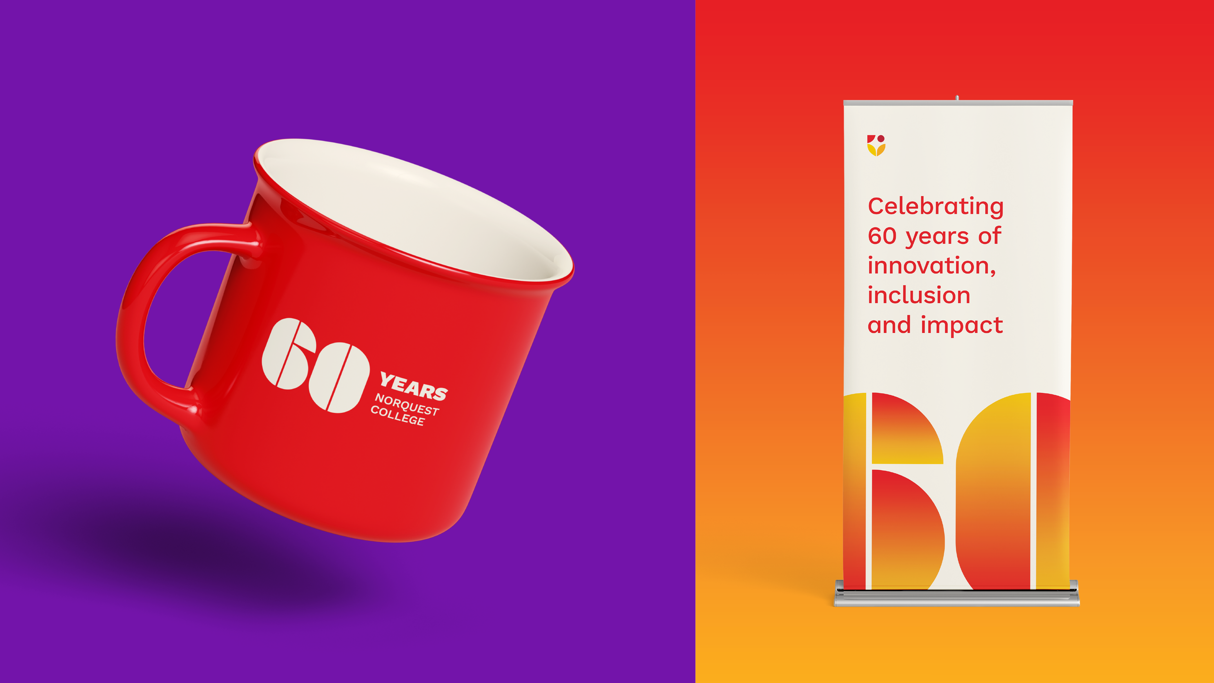 A red mug with white interior and handle, featuring a logo and the text '60 YEARS NORQUEST COLLEGE' in white. Next to it, a vertical banner with a logo and the text 'Celebrating 60 years of innovation, inclusion and impact' on a gradient background f