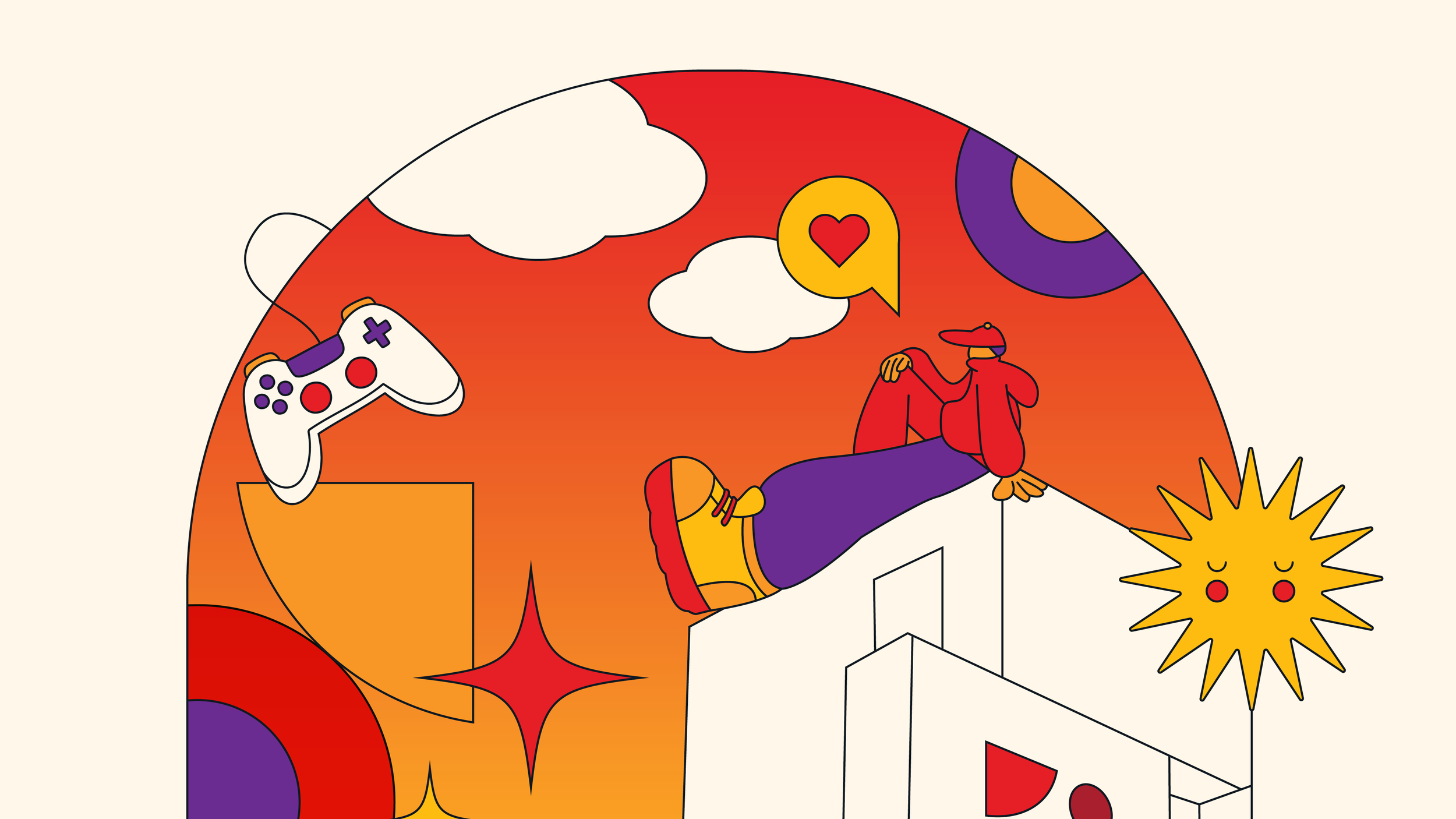 An abstract digital illustration featuring a person sitting on a building edge, with gaming controller, clouds, and a sun with face, in warm tones of orange, red, purple, and yellow.