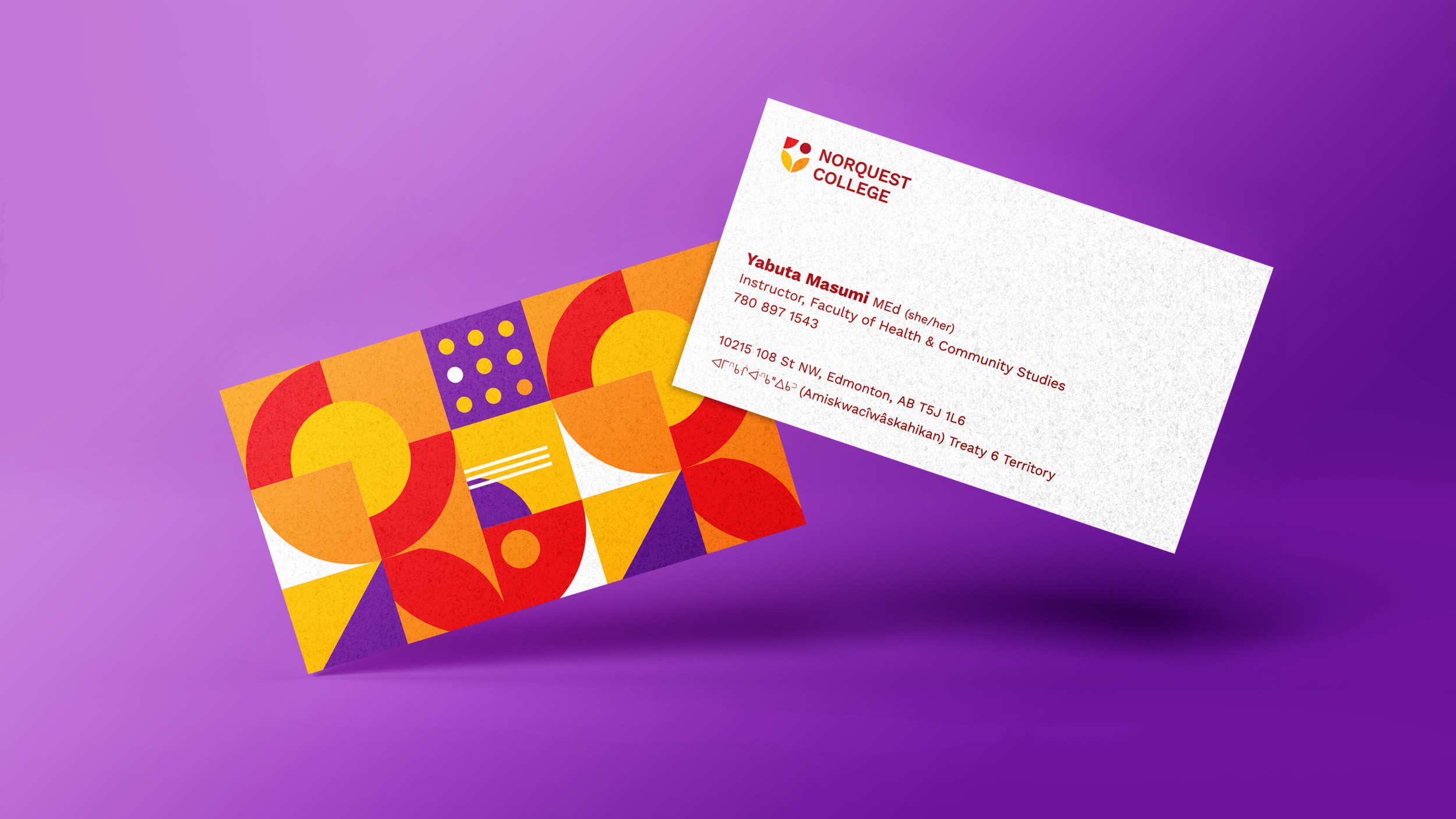 Business cards with colorful geometric designs and a personal contact card from Norquest College.