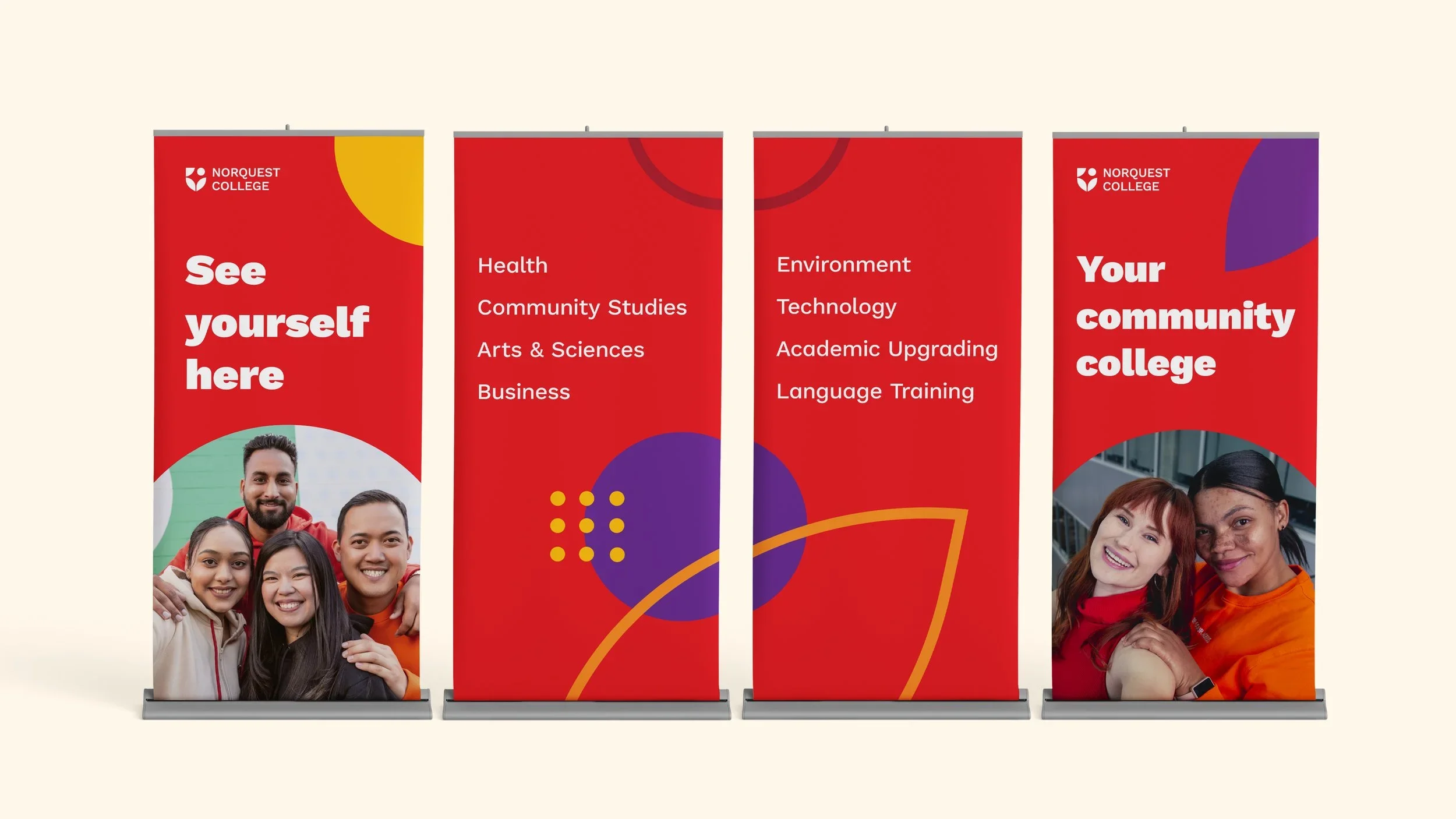 Four vertical banners for Norquest College with bright red backgrounds, displaying college branding, student images, and educational program information.
