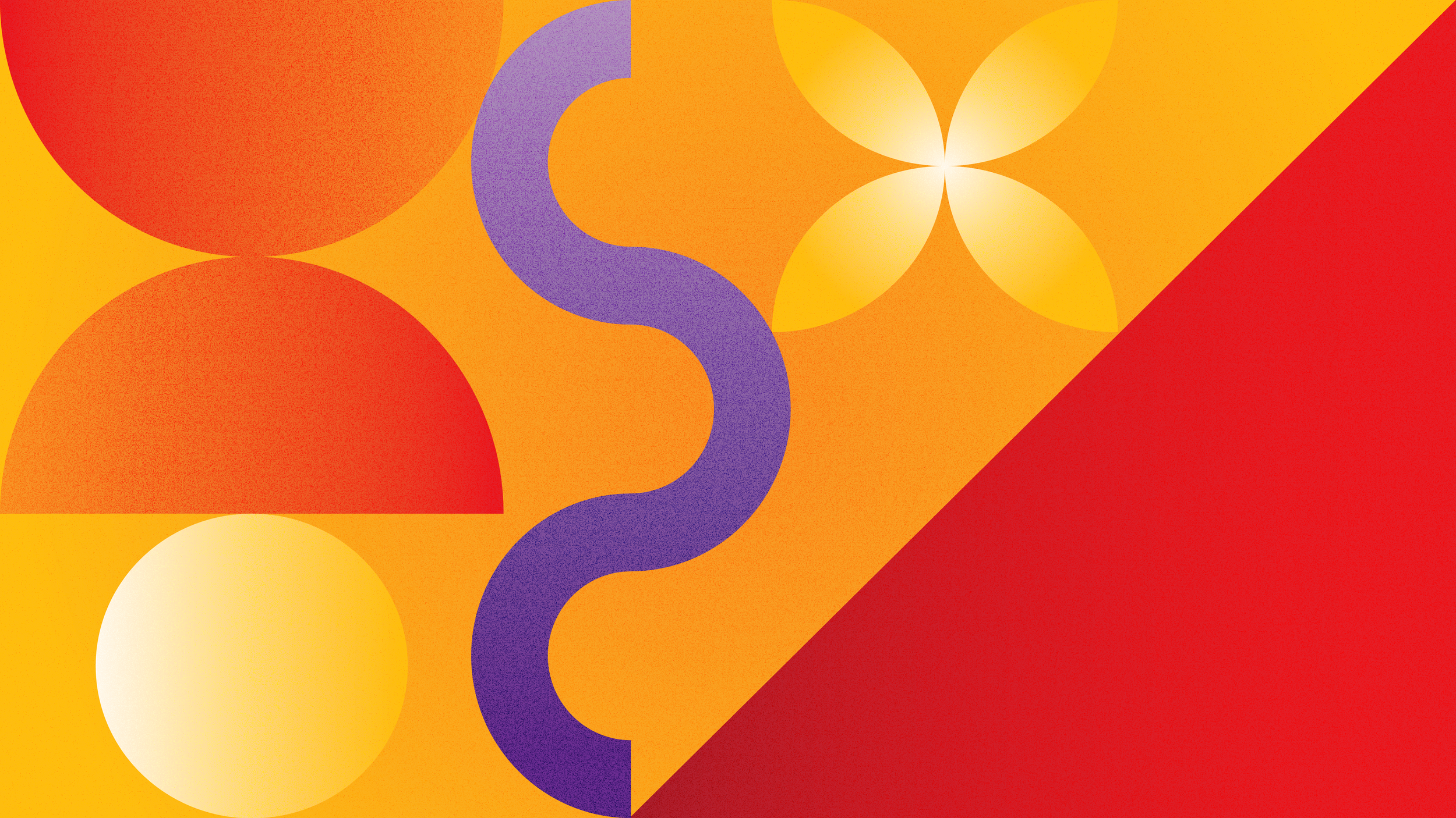 Abstract geometric design with orange, yellow, red, purple, and cream colors, featuring half circles, a wavy line, and floral shapes.