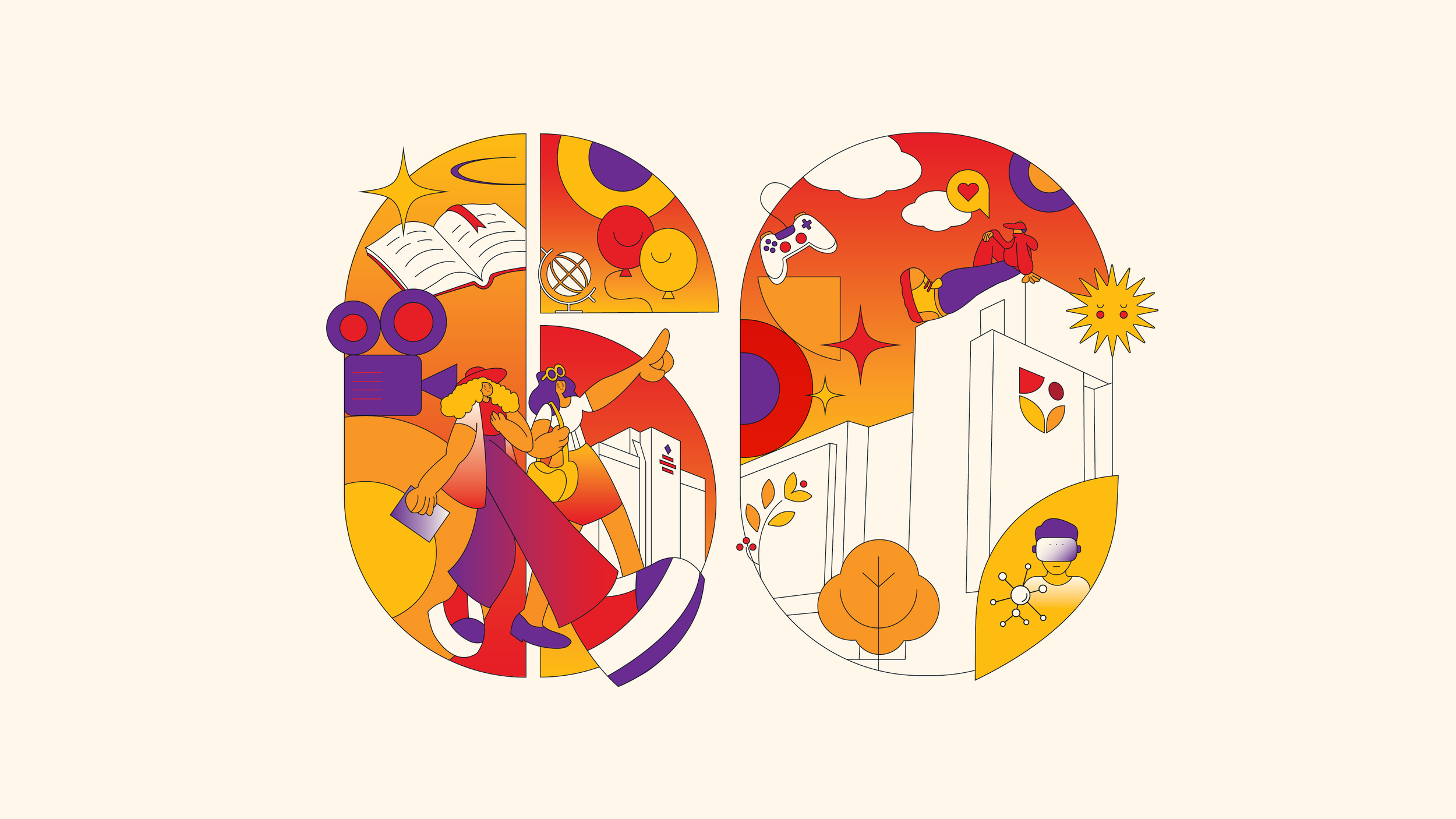 Abstract digital illustration showcasing various scenes of creativity, innovation, and technology, with characters engaging in activities like gaming, science, and arts, set against a vibrant orange and yellow background.