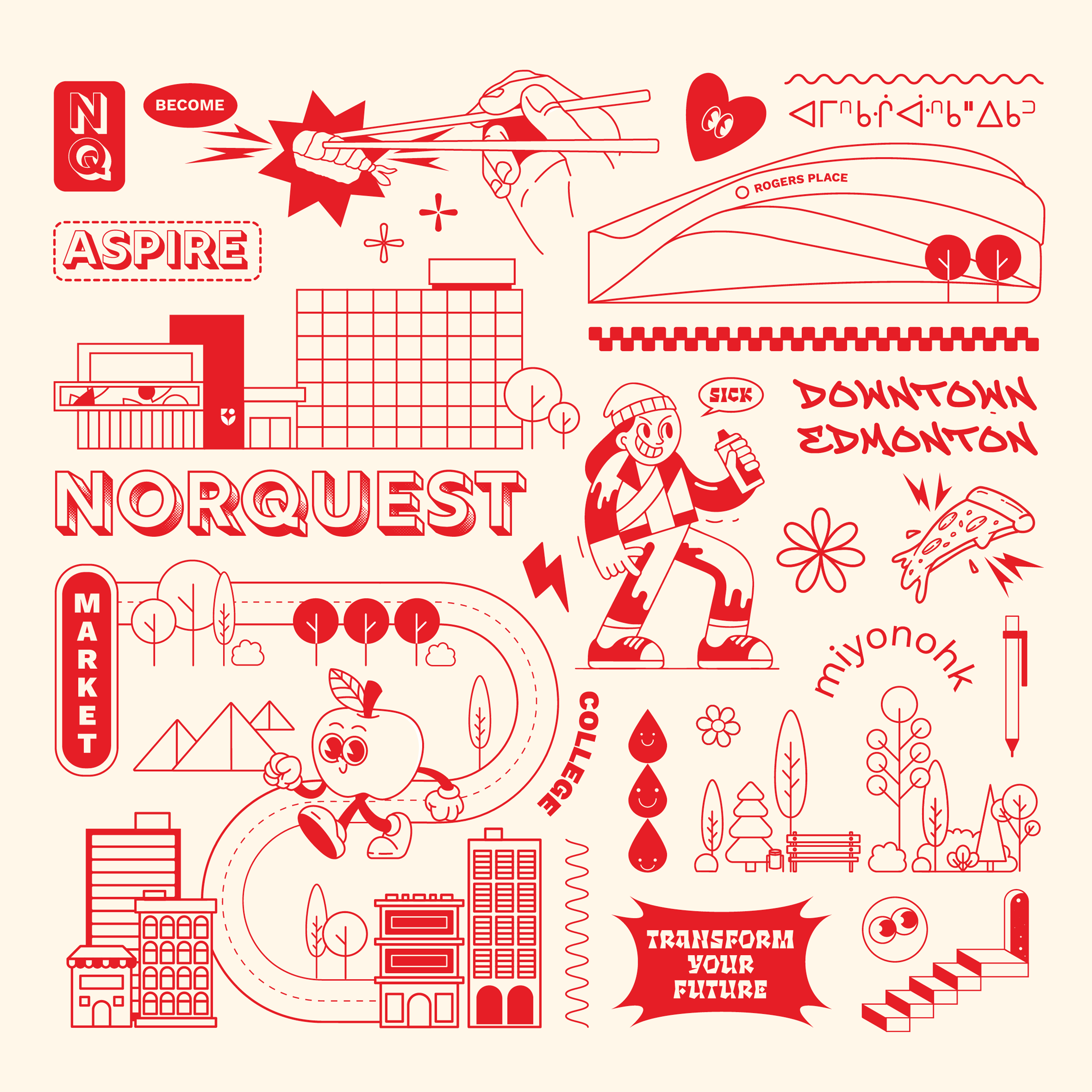 Red and white illustrated collage featuring cityscape, trees, and cartoon characters, with text such as 'Aspire,' 'Norquest,' 'Downtown Edmonton,' and 'Transform Your Future.' Includes a character with a drink, a pizza slice, and various doodles and 