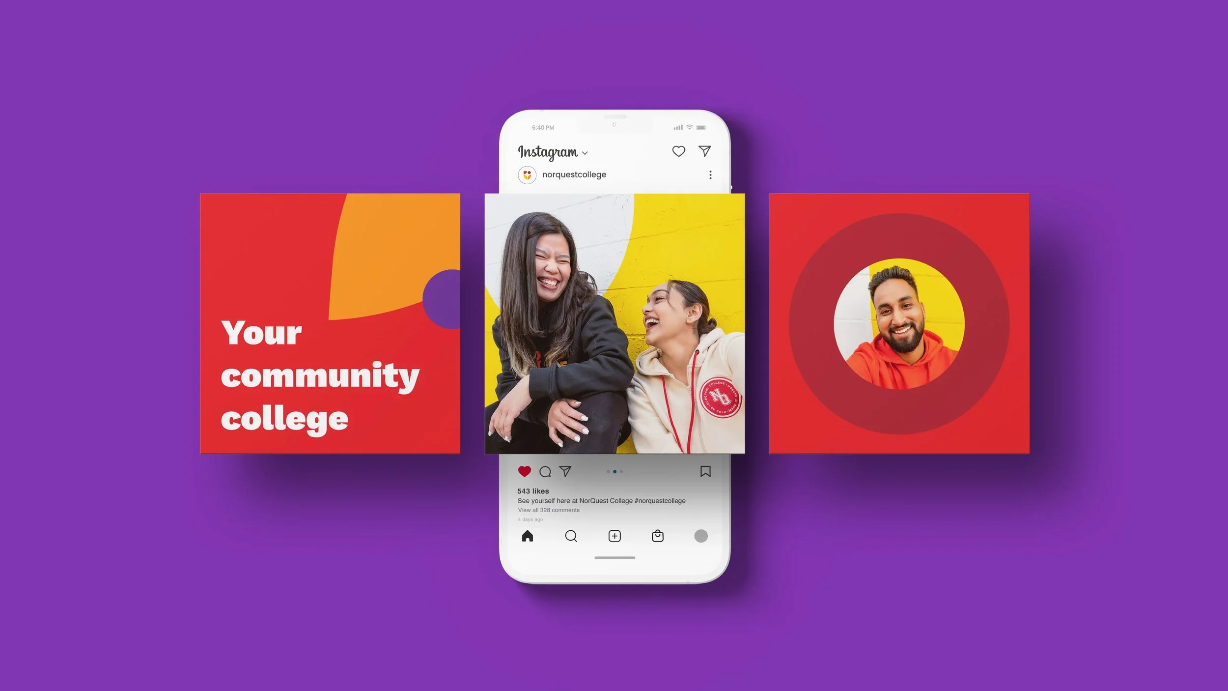 Graphic design featuring three panels on a purple background. The left panel has red and orange shapes with the white text "Your community college." The middle panel displays a smartphone screen with an Instagram post of two women laughing against a 