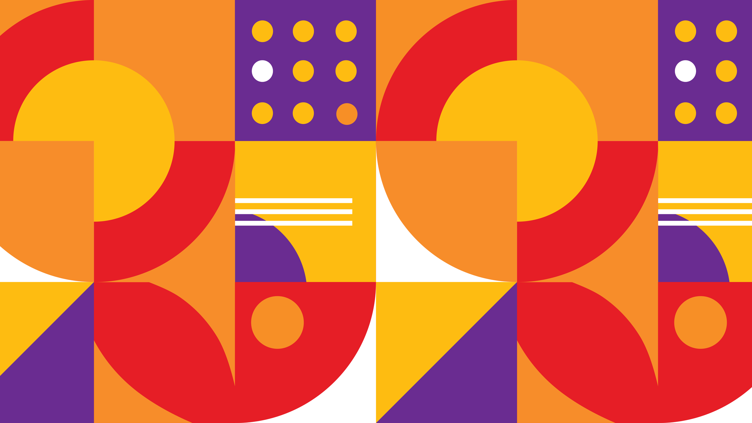 Abstract geometric pattern with large circles, squares, and semicircles in purple, orange, red, yellow, and white colors.