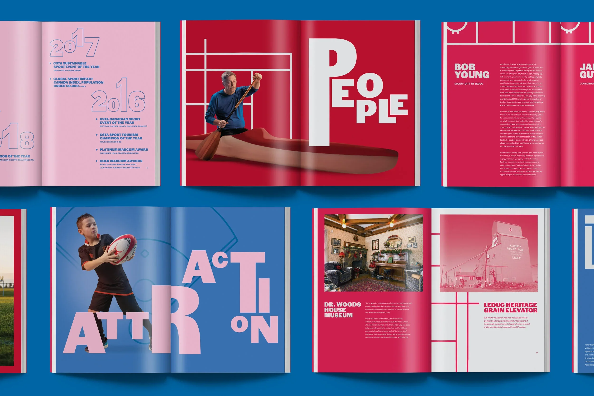 Open magazine spread showing various pages with images and text, including a man on a kayak, a young boy holding a rugby ball, interior of a house, and a grain elevator.