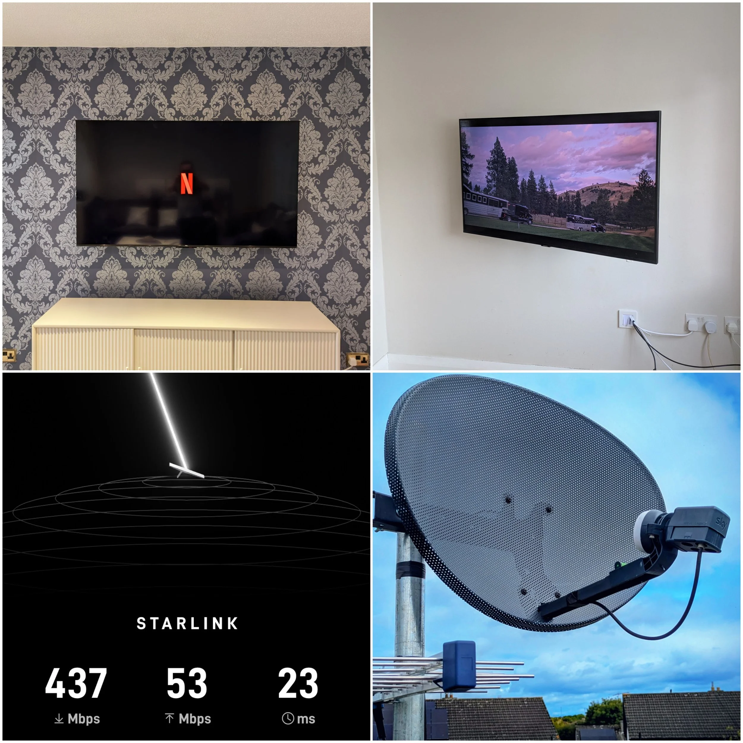 Top left: a TV on a decorative wall, showing the Netflix logo. Top right: a TV mounted on a white wall displaying a landscape scene with trees, hills, and clouds. Bottom left: a graphic indicating high-speed internet with download and upload speeds of 437 Mbps and 53 Mbps respectively, and a latency of 23 ms. Bottom right: a satellite dish mounted outdoors against a blue sky with some clouds, with rooftops visible below.