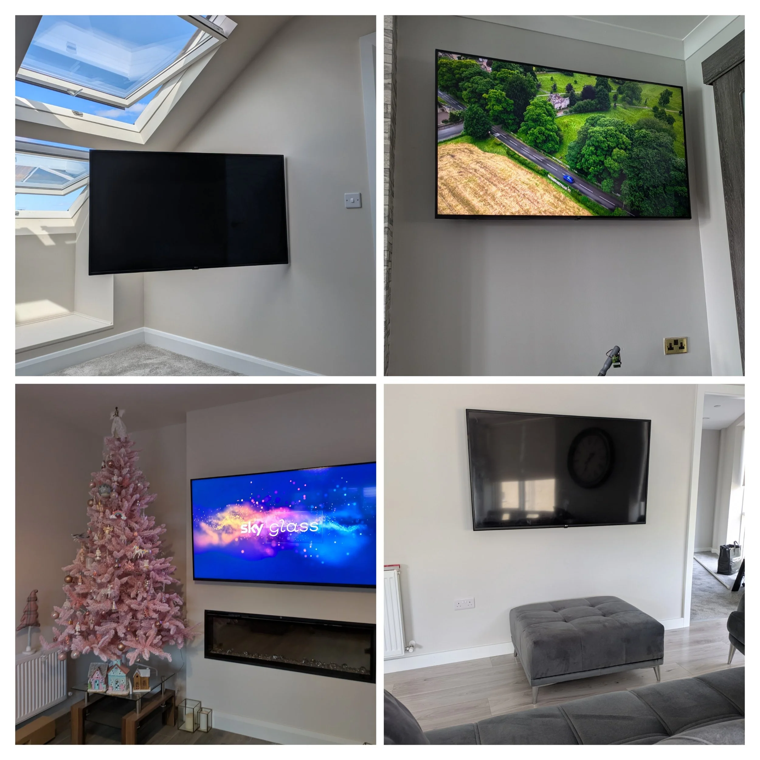 Collage of four images showing different modern living room setups with wall-mounted televisions. The first image displays a television with a black screen in a room with skylights. The second image shows a TV on a wall with a scenic outdoor view on the screen. The third image features a Christmas tree next to a TV displaying the 'Sky Glass' logo. The fourth image has a TV above a gray ottoman in a room with neutral decor.