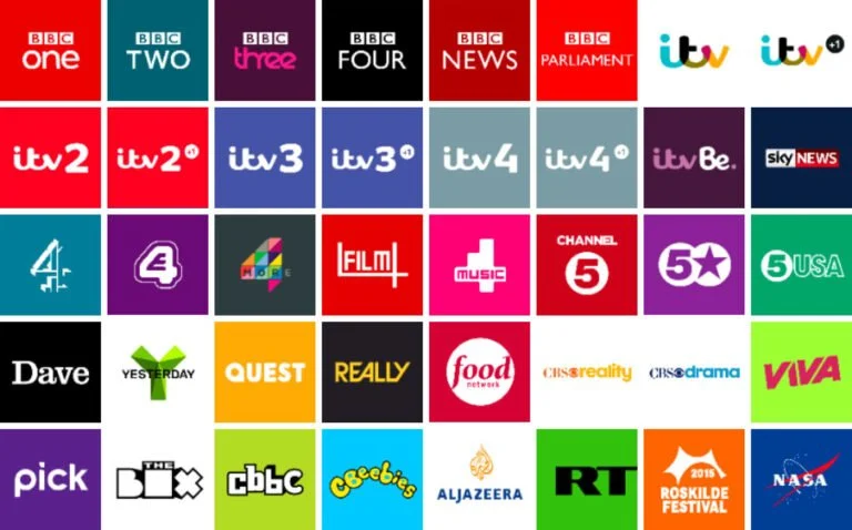 Grid of various television channel logos, including BBC, ITV, Channel 4, Sky News, NASA, and others.