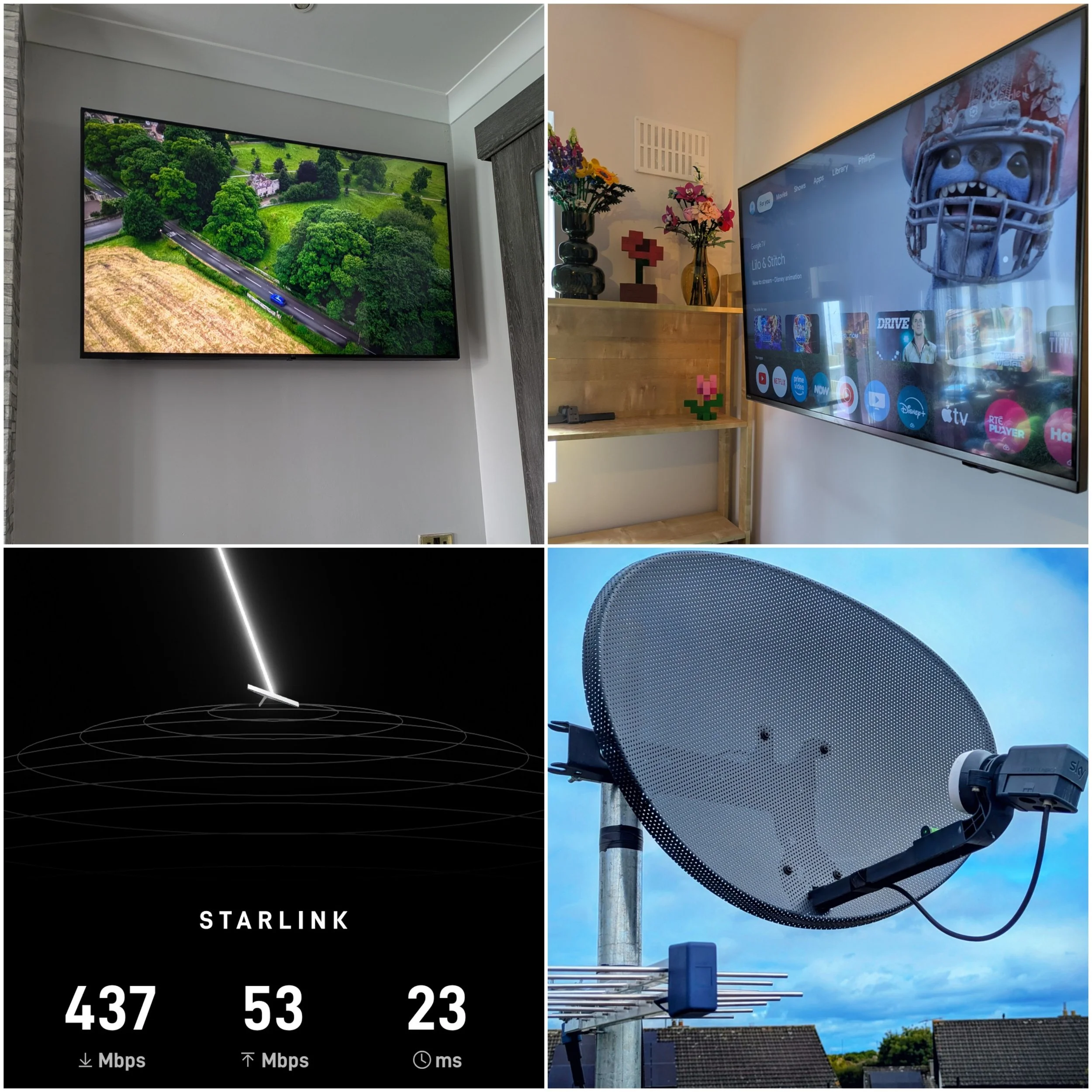 Top left: Television displaying a green landscape with trees and a road. Top right: Television showing a programming menu with a cartoon character wearing a helmet. Bottom left: Starlink internet speed test screen indicating download speed of 437 Mbps, upload speed of 53 Mbps, and latency of 23 ms. Bottom right: Satellite dish antenna mounted outdoors against a cloudy blue sky.