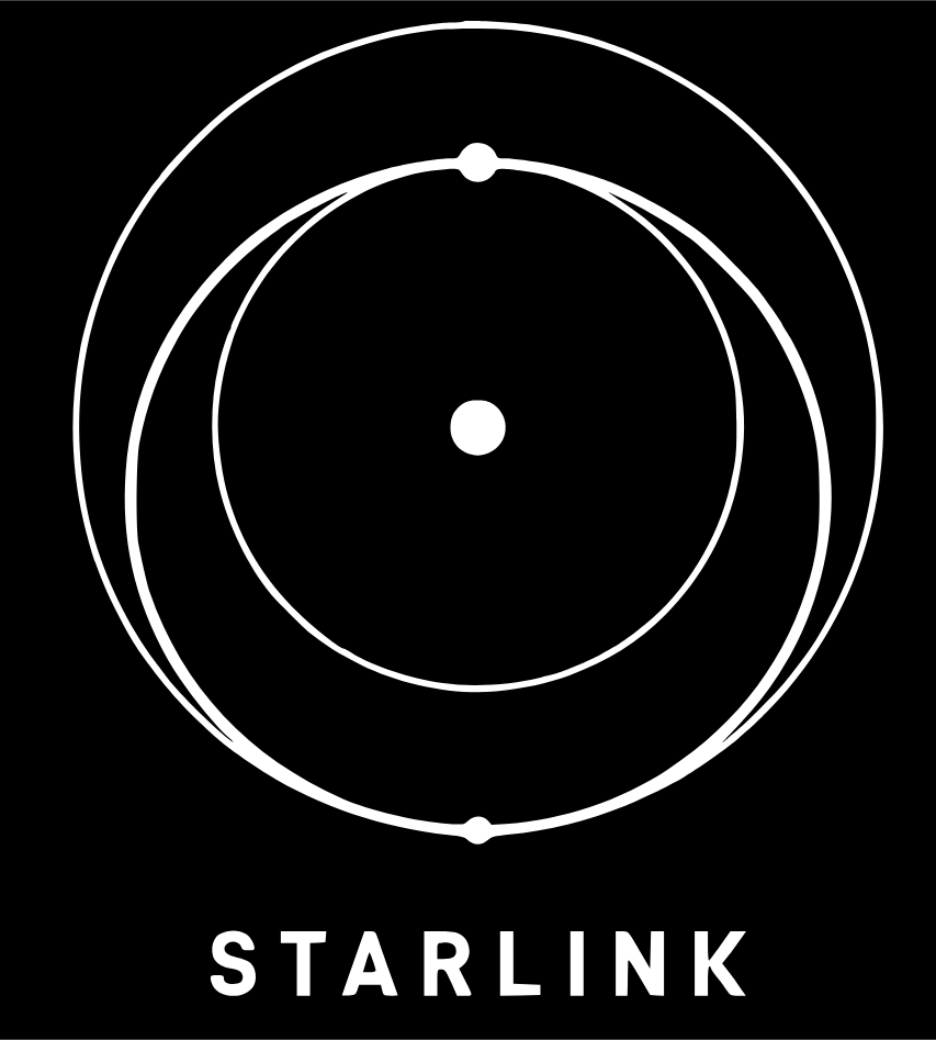 Starlink logo featuring a stylized depiction of satellite orbital paths forming a circle, with the word "STARLINK" below.