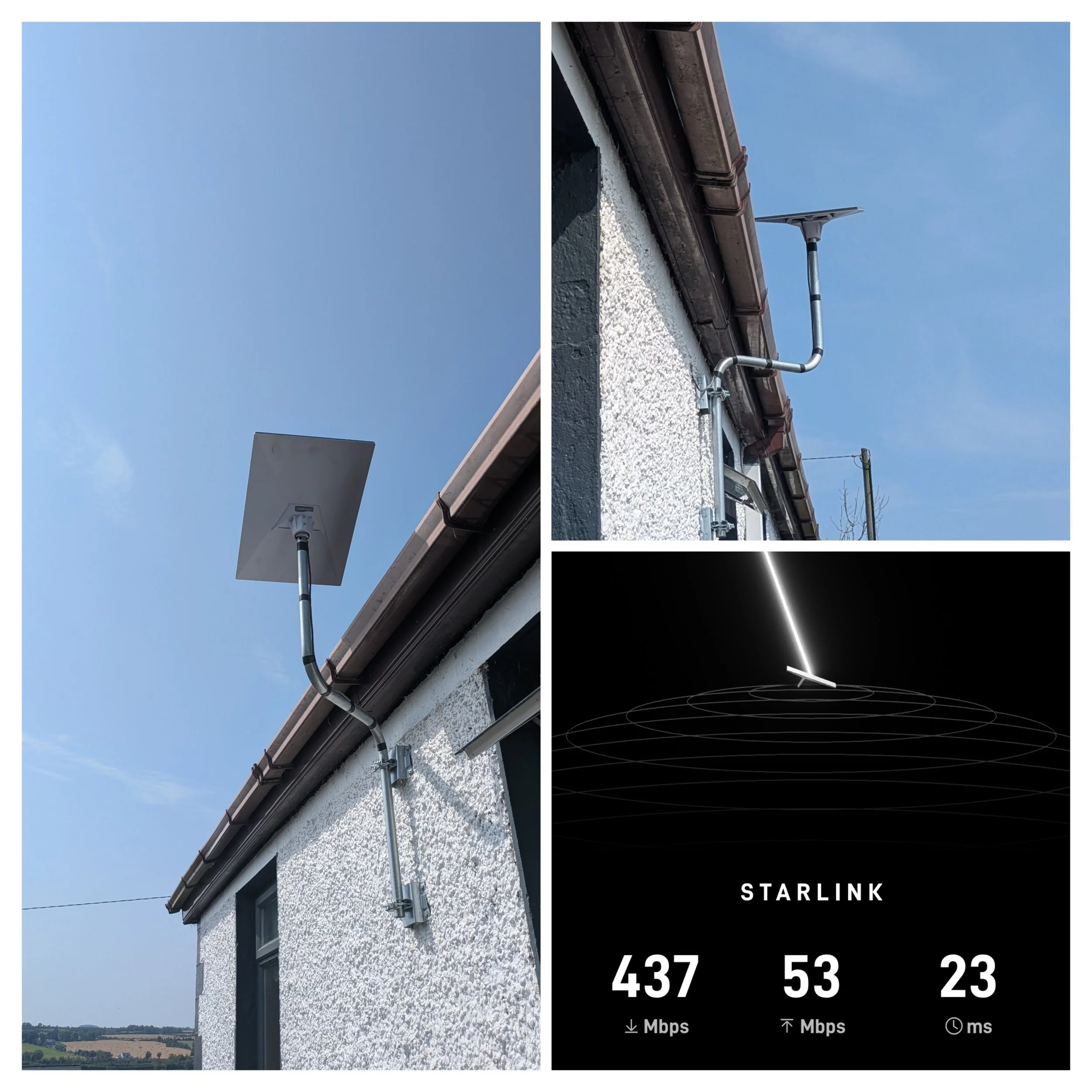 Images of a satellite dish installation on a house's exterior wall, with equipment and signals related to Starlink internet service, including signal strength and speed metrics.