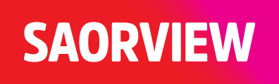 The logo of SAOVIEW in bold white letters on a pink and red background.