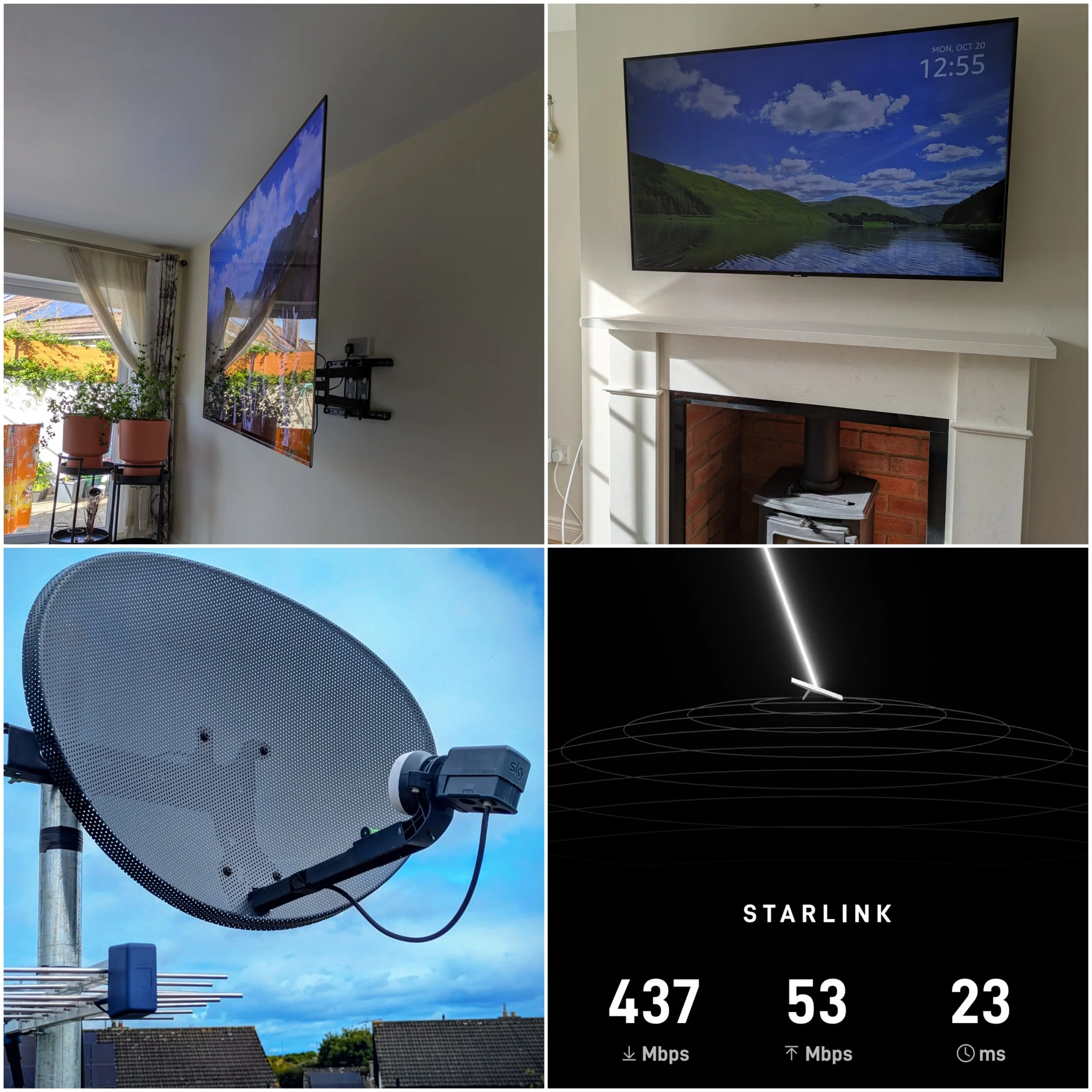 A collage of four images: top left shows a wall-mounted flat-screen TV with a scenic landscape, top right shows a flat-screen TV above a fireplace displaying a scene, bottom left features a satellite dish on a rooftop, bottom right displays an internet speed test with results of 437 Mbps download, 53 Mbps upload, and a 23 ms ping.