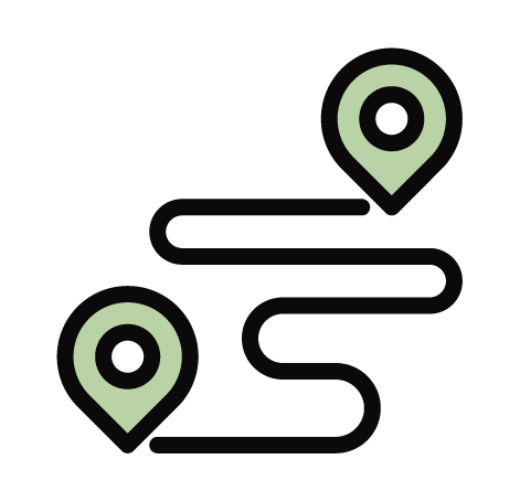 A stylized map with two green location markers connected by a black curved line.