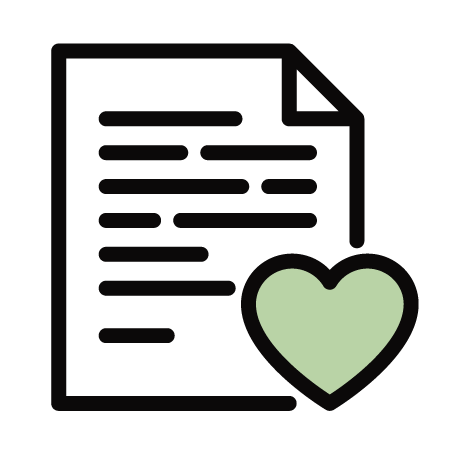 Icon of a document with text lines and a green heart in front of it.