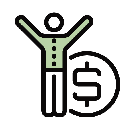 A simplified icon of a person with arms raised, standing in front of a dollar sign.