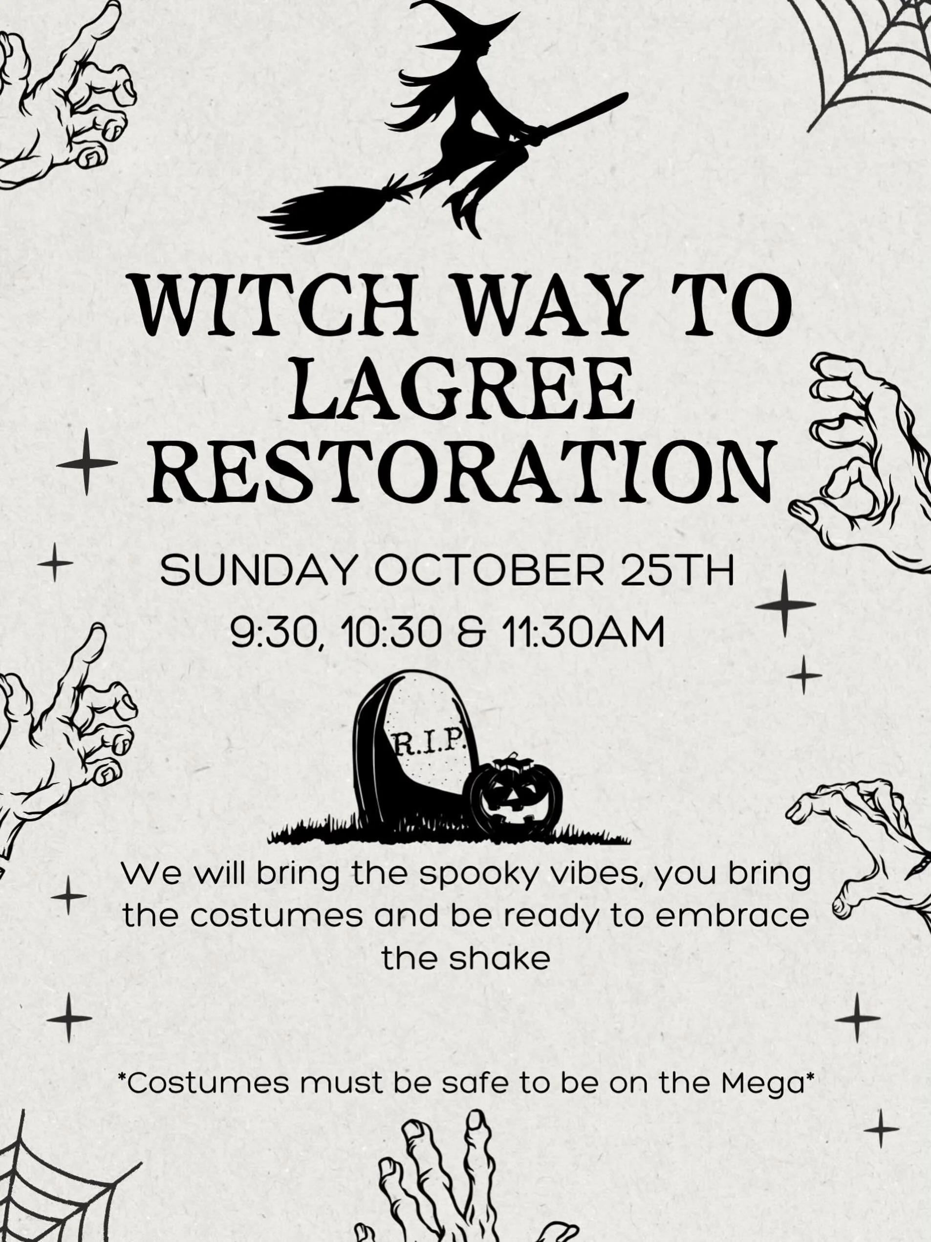 Be sure to secure your spot! 
Classes will have a spooky playlist and killer decor! Make sure to come ready for some Spooky Shakes!

Head over to the Lagree Restoration App or website to sign up now! 

#lagree #halloweenworkout #halloweenlagree #mega