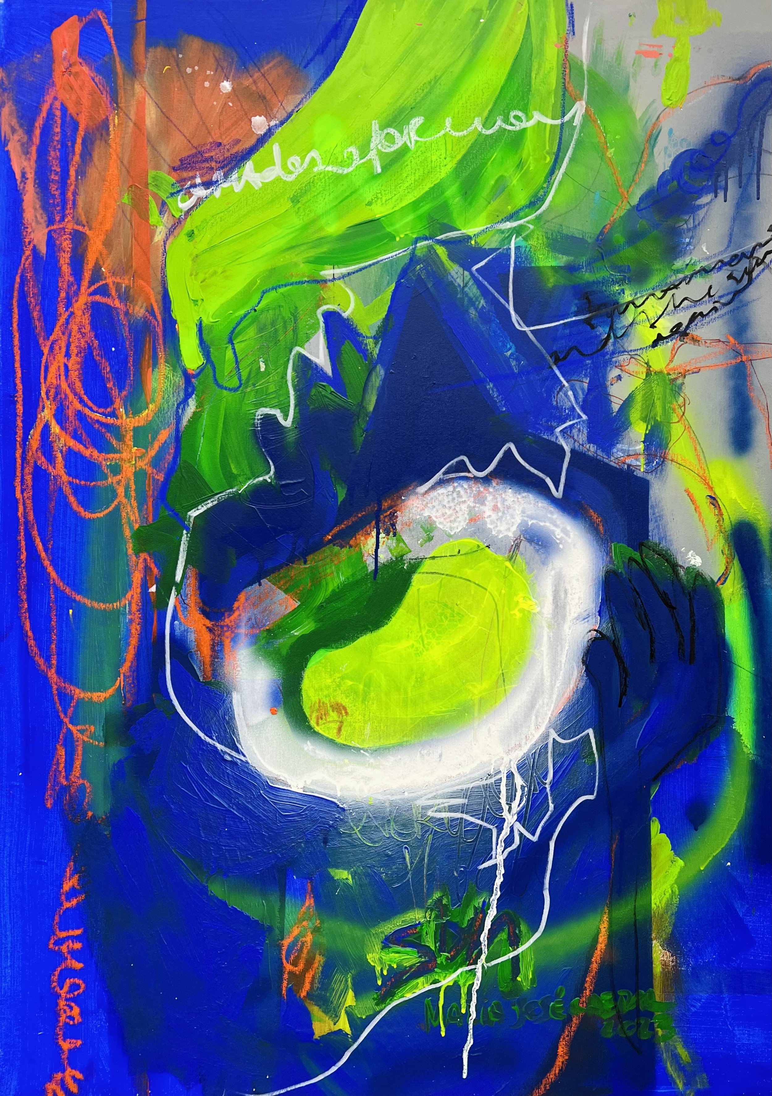 Is it the sun again?, 2023 | Acrílico, pastel de óleo e spray sobre tela | Acrylic, oil pastels and spray on canvas | 74x103cm | Not Available