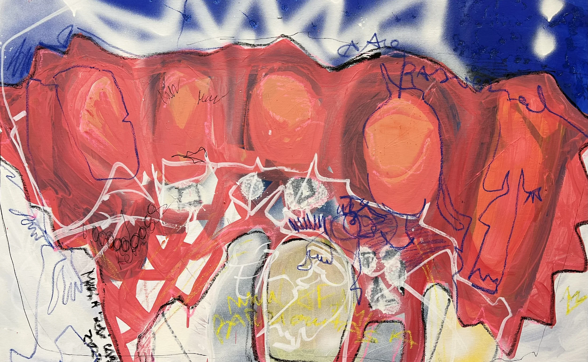 Família, 2023 | Acrílico, pastel de óleo e spray sobre tela | Acrylic, oil pastels and spray on canvas | 100x62cm