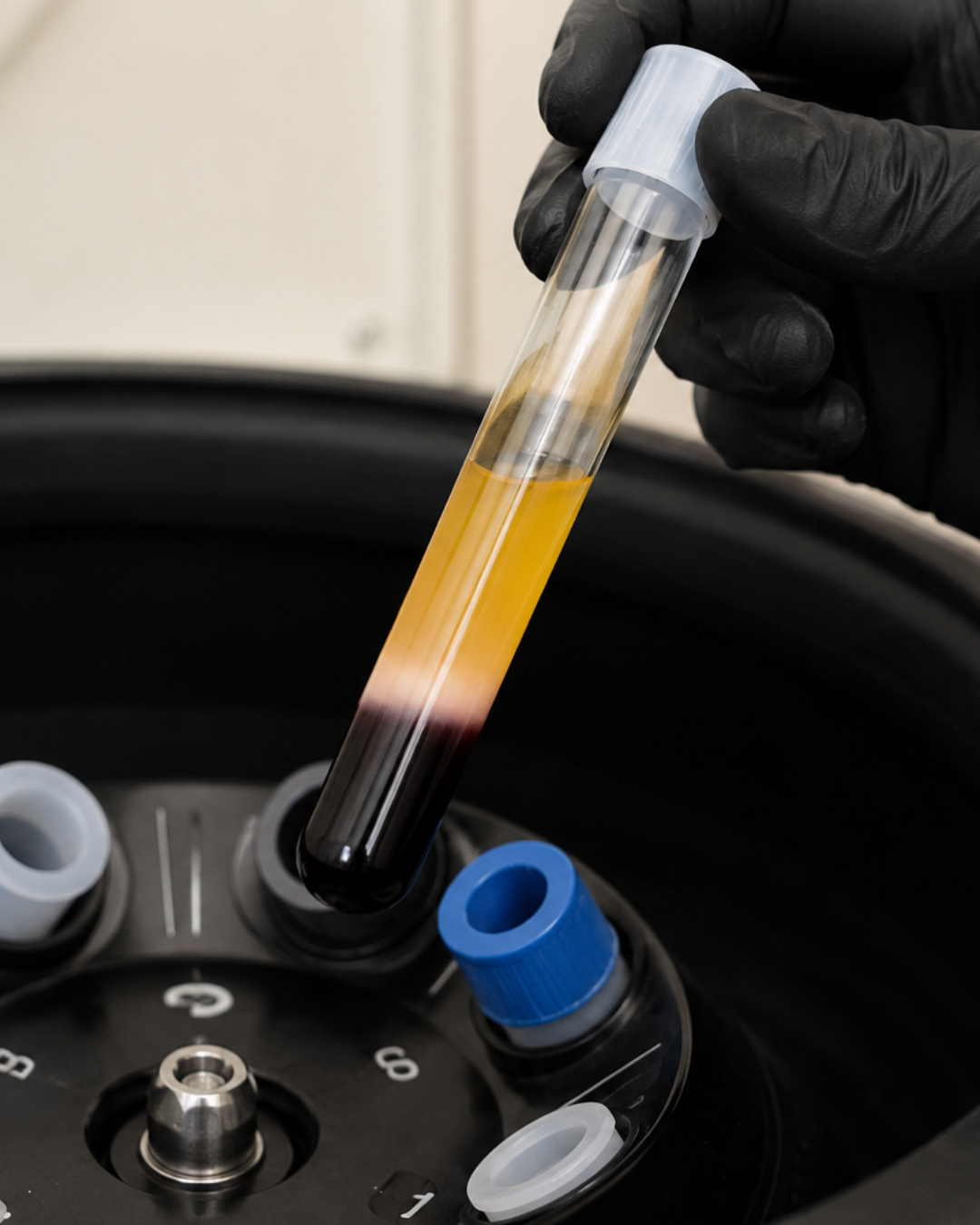 A gloved hand removing a centrifuged vial of platelet-rich fibrin (PRF), showing the separated blood layers