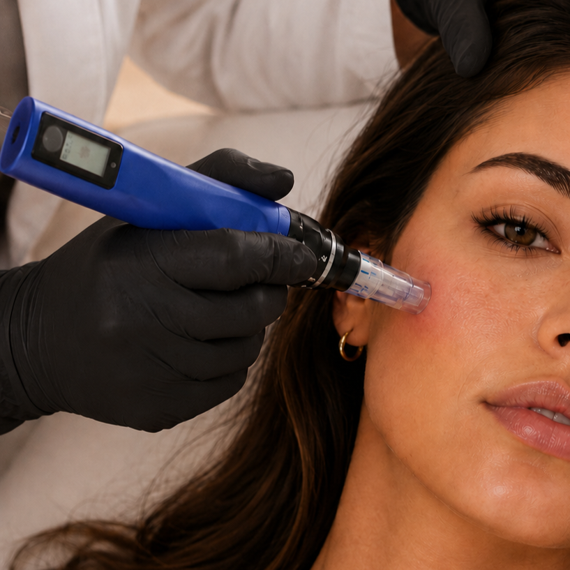 A woman receiving a cosmetic facial treatment with a handheld device near her cheek from a practitioner wearing black gloves.