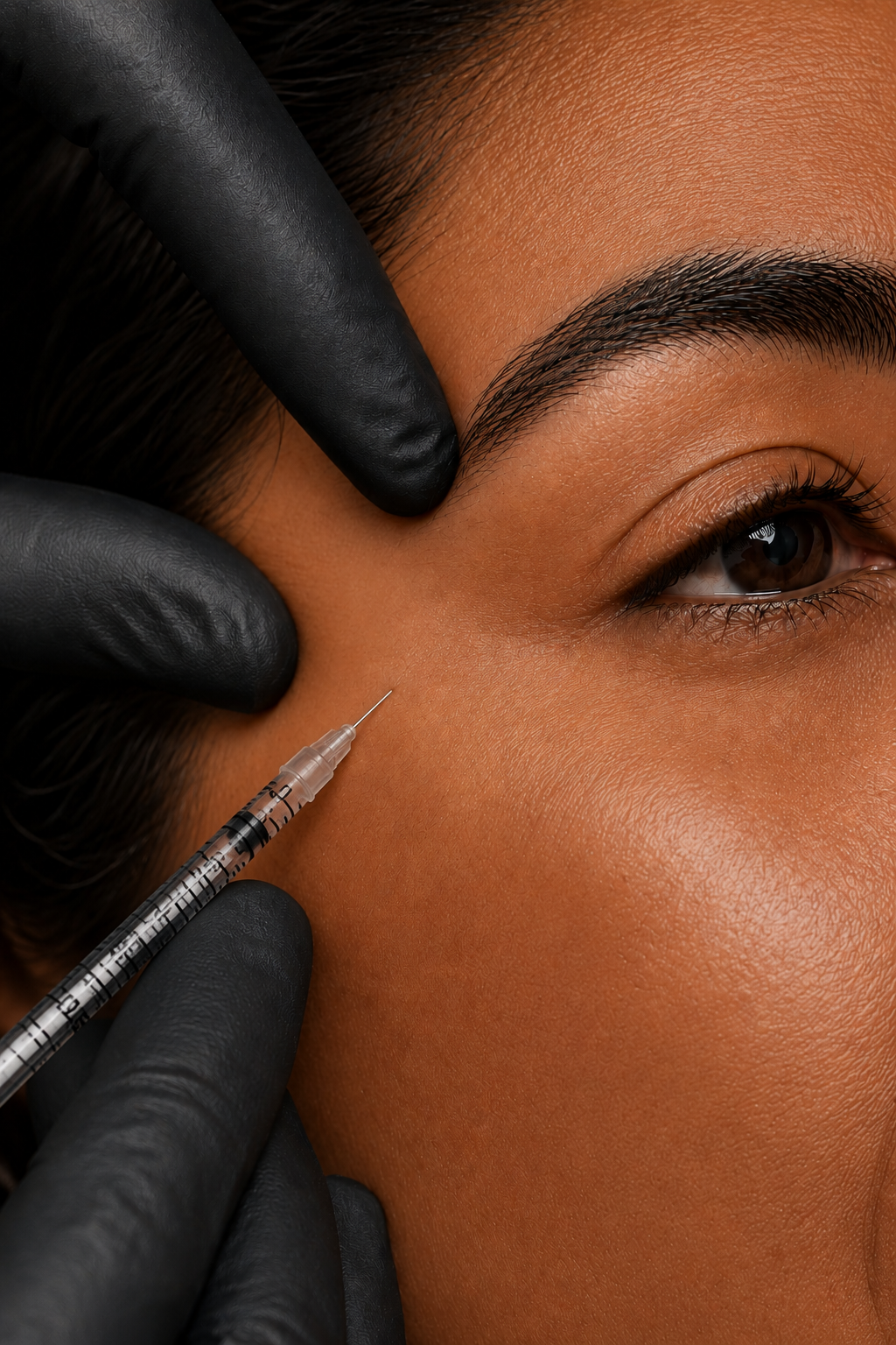 A close-up of a woman’s face during a cosmetic procedure, with a gloved hand holding a syringe near her cheek, focusing on her eye, eyebrow, and skin.