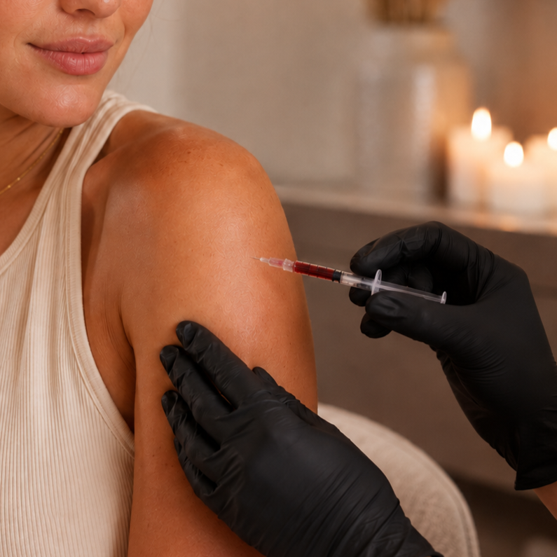 A person receiving a vaccination shot in their shoulder from a healthcare professional wearing black gloves, with lit candles in the background.
