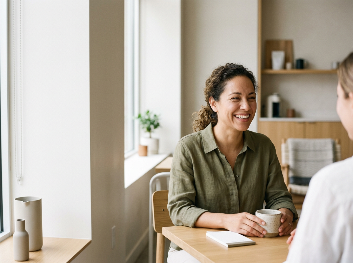 Mujer sonriendo en una conversación en una cafetería, sosteniendo una taza de cerámica, con libros sobre la mesa.