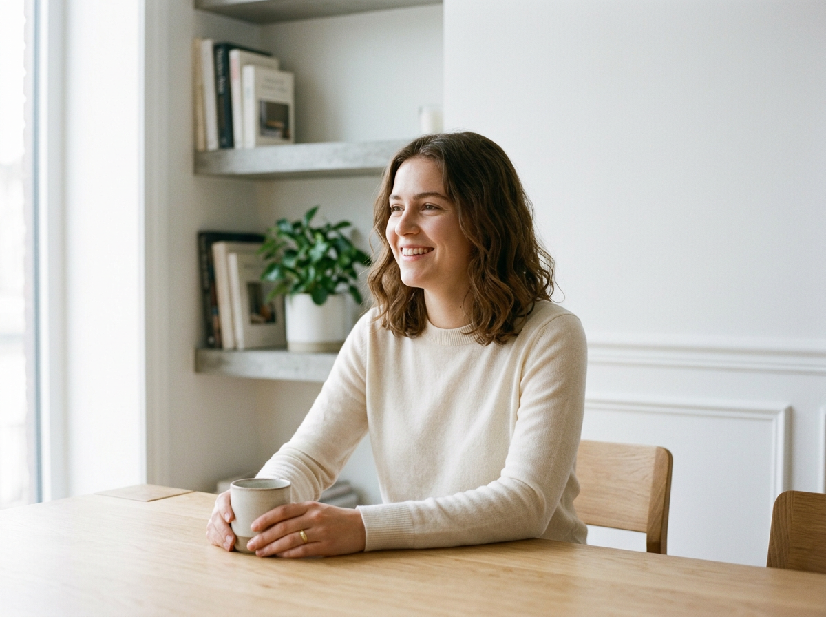Una mujer sonriente sentada en una mesa de madera, sosteniendo una taza, en un ambiente luminoso de interior con estantería y planta de interior al fondo.