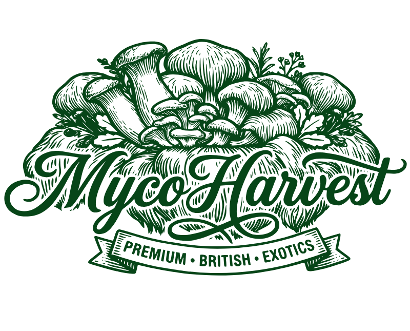 Green illustrated logo for Myco Harvest featuring mushrooms and leafy elements, with a banner reading 'Premium, British, Exotics'.