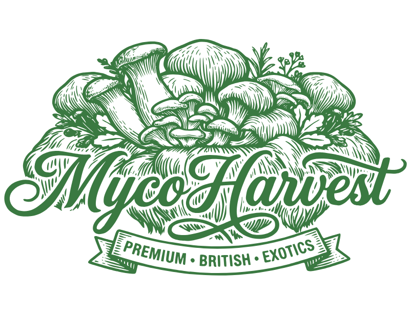 Green logo for Myco Harvest featuring illustrations of mushrooms and a banner that reads 'Premium, British, Exotics'.