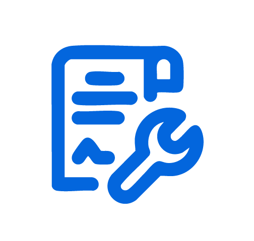 Blue icon of a mechanical wrench and a document or receipt.