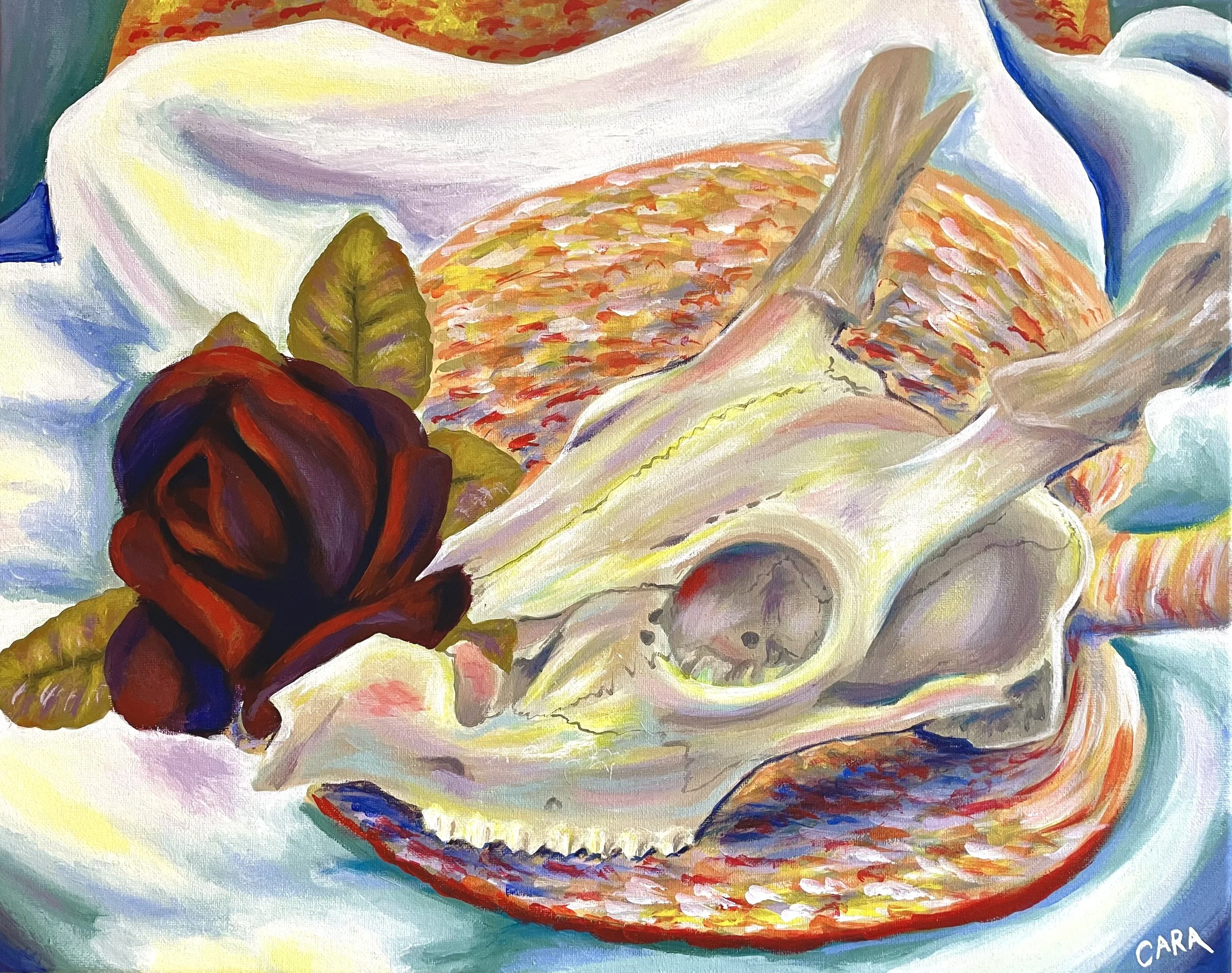 Deer Skull with Rose | 2023 | 16 x 20 inches | Acrylic paint on canvas