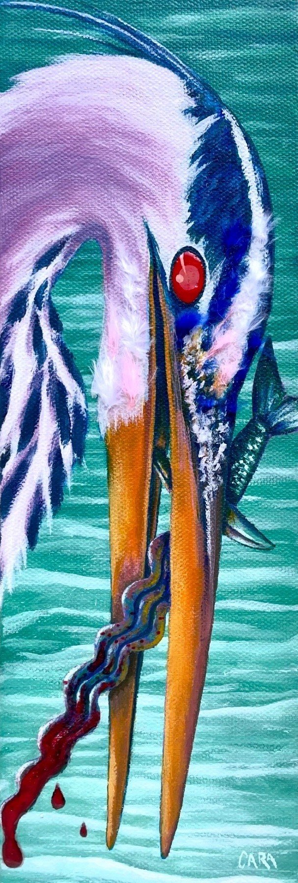 Heron with Knife | 2024 | 12 x 4 inches | Acrylic paint and mixed media on canvas